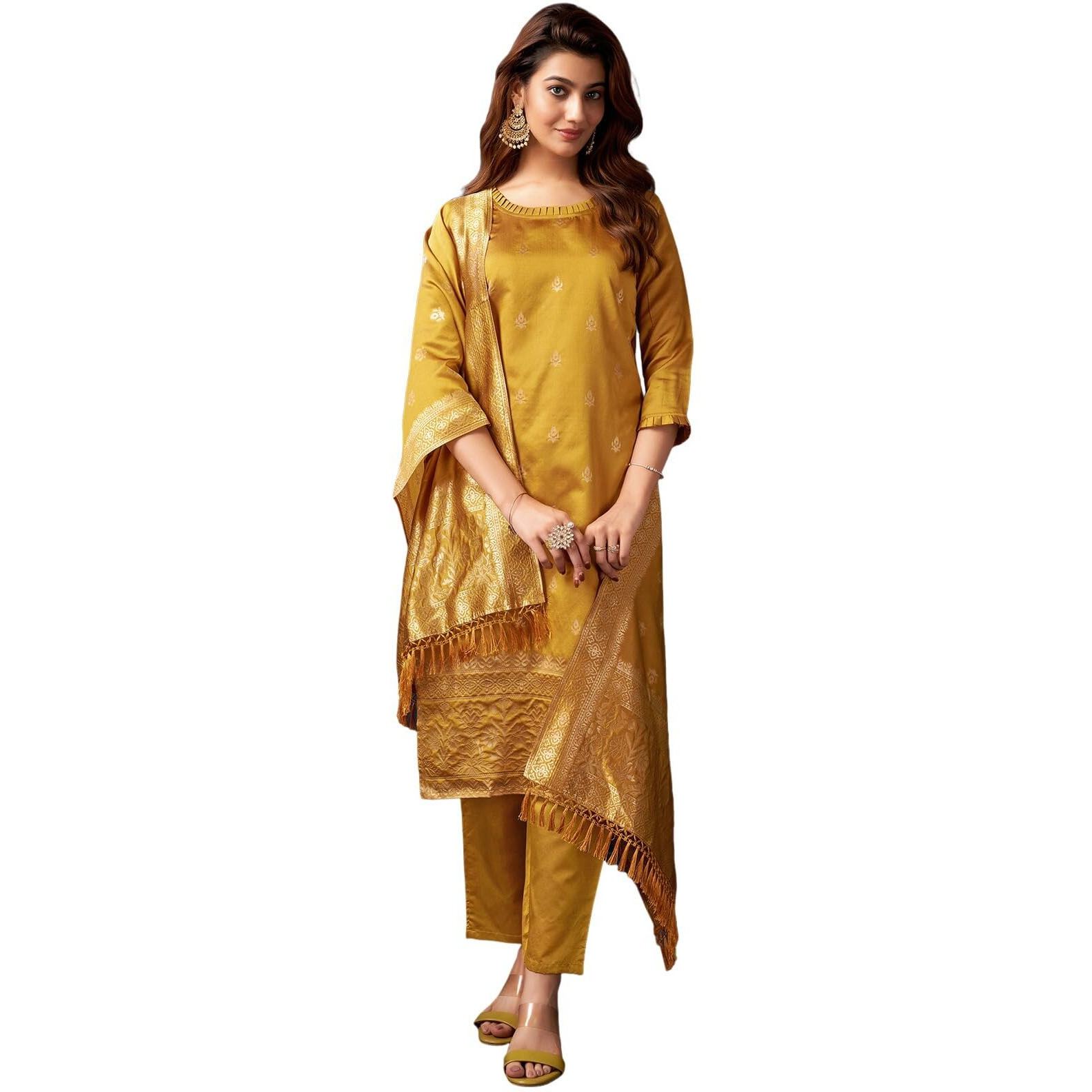 Sanisa Women's Silk Blend Jacquard Work Straight Kurta With Pant And Dupatta Set (223Kbd2362N-M_Mustrad Yellow And Golden)