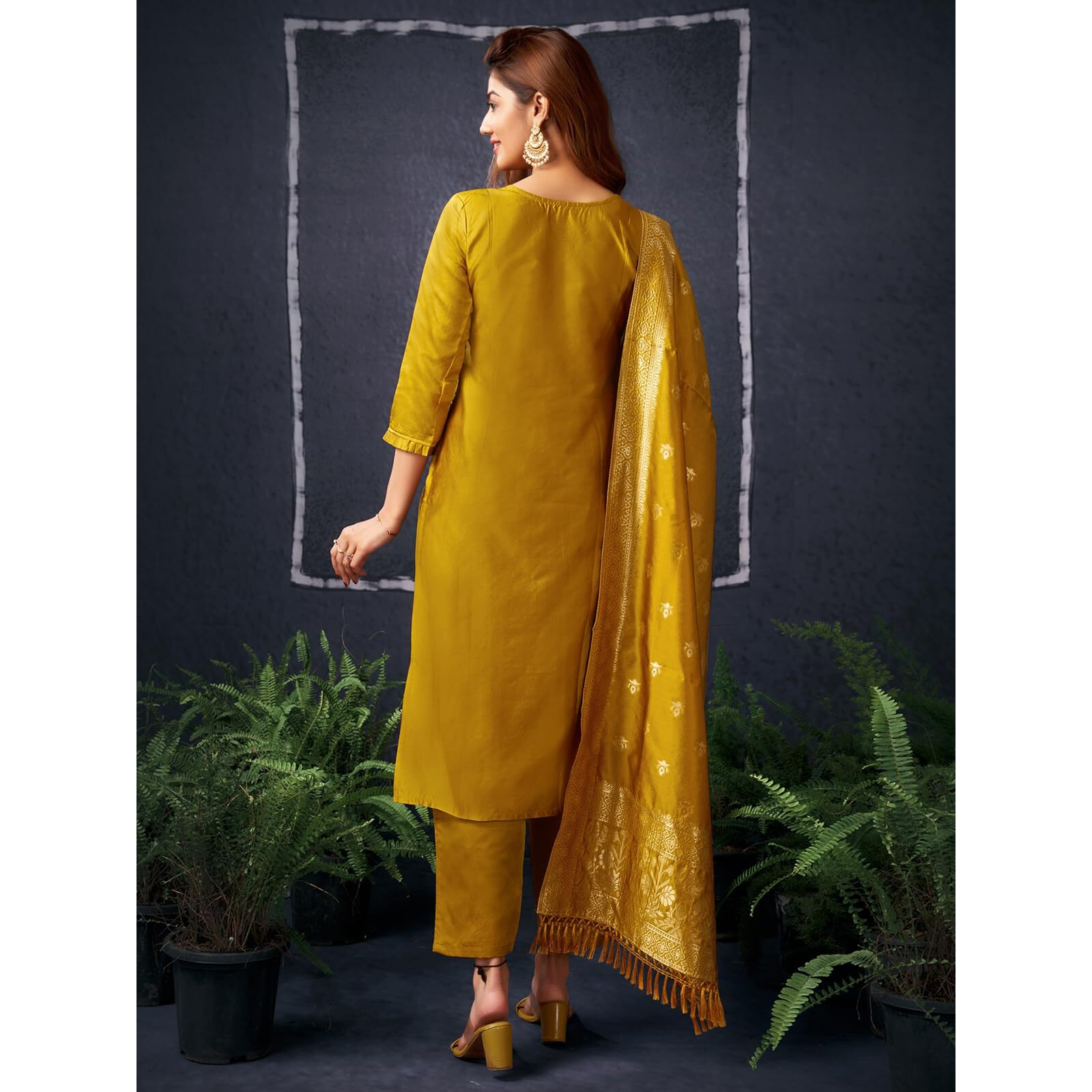 Sanisa Women's Silk Blend Jacquard Work Straight Kurta With Pant And Dupatta Set (223Kbd2362N-M_Mustrad Yellow And Golden)