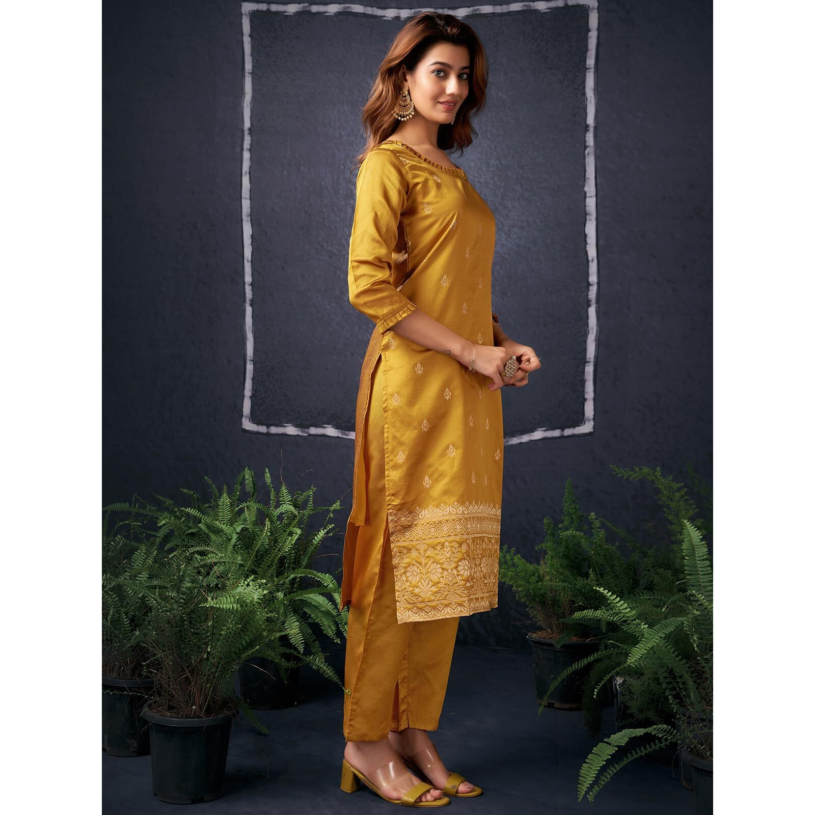 Sanisa Women's Silk Blend Jacquard Work Straight Kurta With Pant And Dupatta Set (223Kbd2362N-M_Mustrad Yellow And Golden)