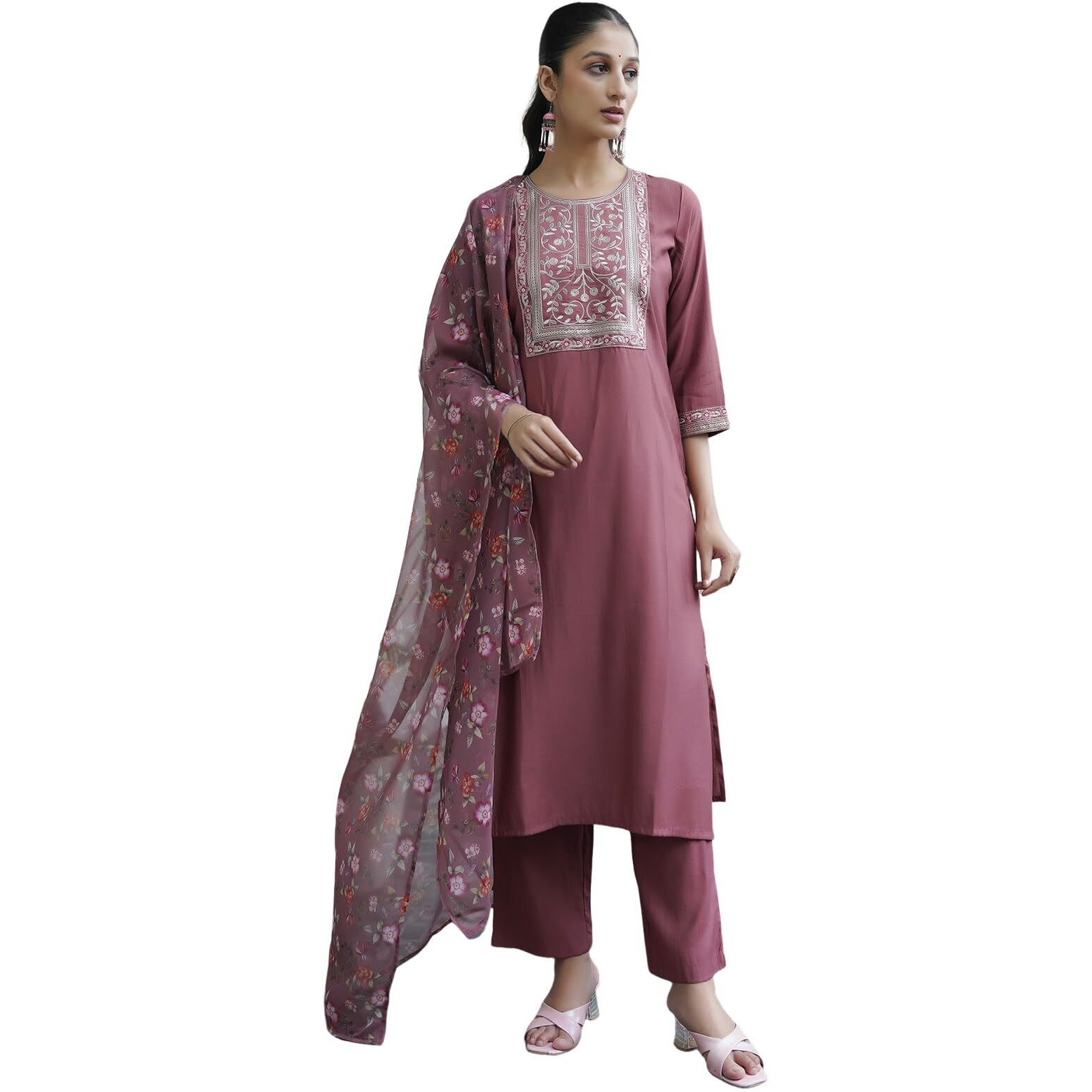 Sanisa Women's Silk Blend Sequins And Embroidery Work Straight Kurta With Pant And Dupatta Set (167Kbd1792N-M_Dusty Pink2)