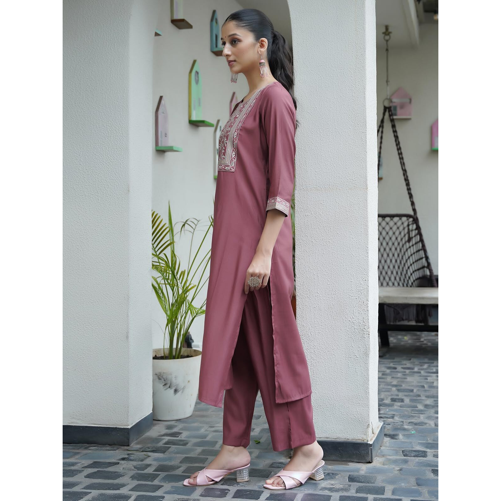 Sanisa Women's Silk Blend Sequins And Embroidery Work Straight Kurta With Pant And Dupatta Set (167Kbd1792N-M_Dusty Pink2)