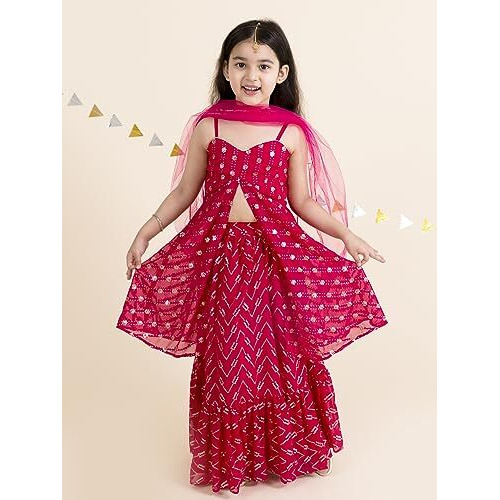 Pspeaches Girls Polyester Magenta Gold-Toned Embellished Ready To Wear Readymade Lehenga Choli (Pink-6-7 Years)