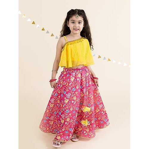 Pspeaches Girl's Polyester Readymade Coral Yellow Ready To Wear Lehenga Choli (Orange-10-12Y)