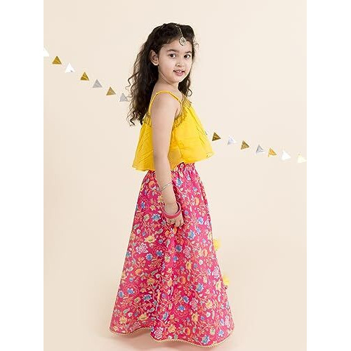 Pspeaches Girl's Polyester Readymade Coral Yellow Ready To Wear Lehenga Choli (Orange-10-12Y)