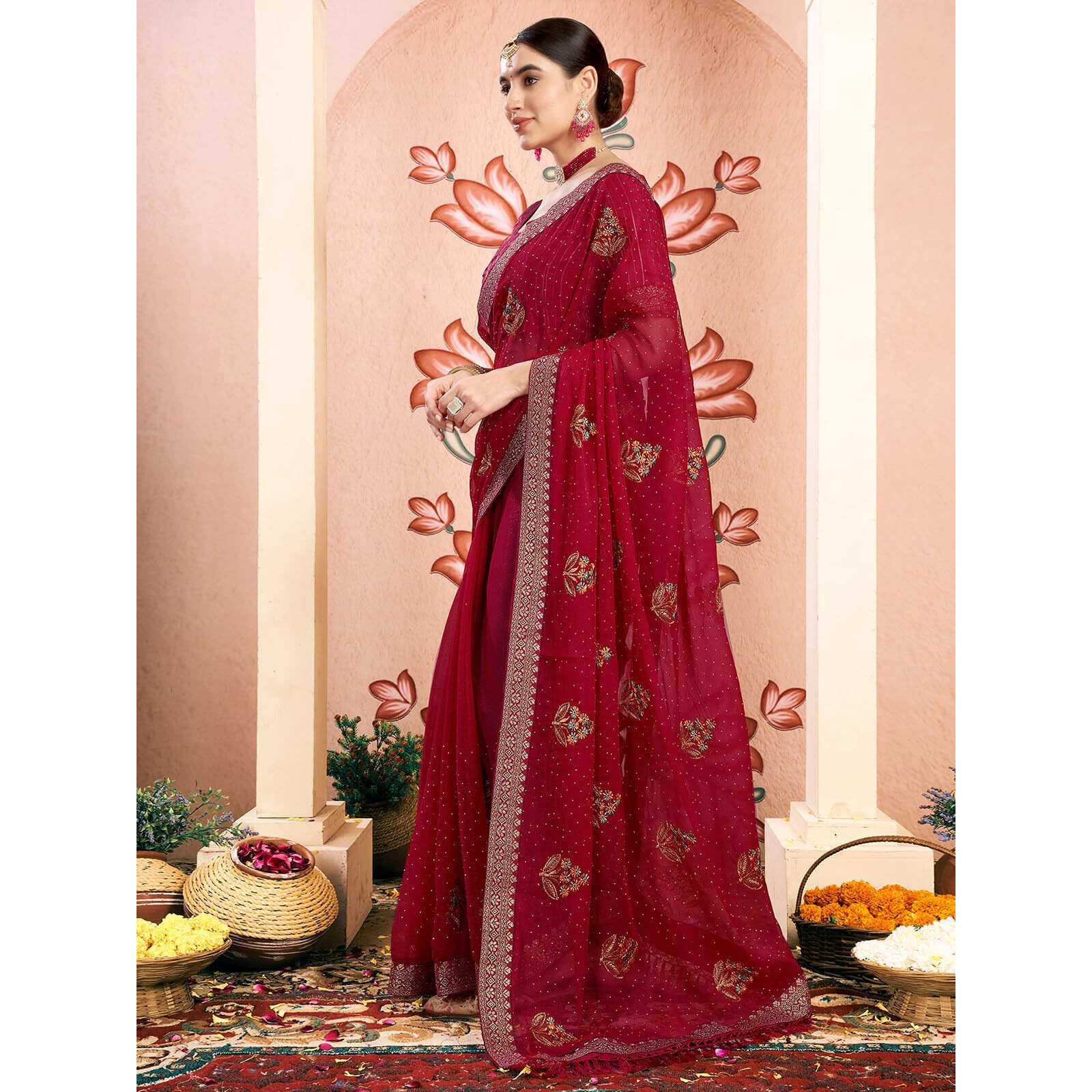 Satrani Women's Georgette Embroidery & Stone Work Saree With Unstitched Blouse Piece (4065S2824N_Rani Pink)