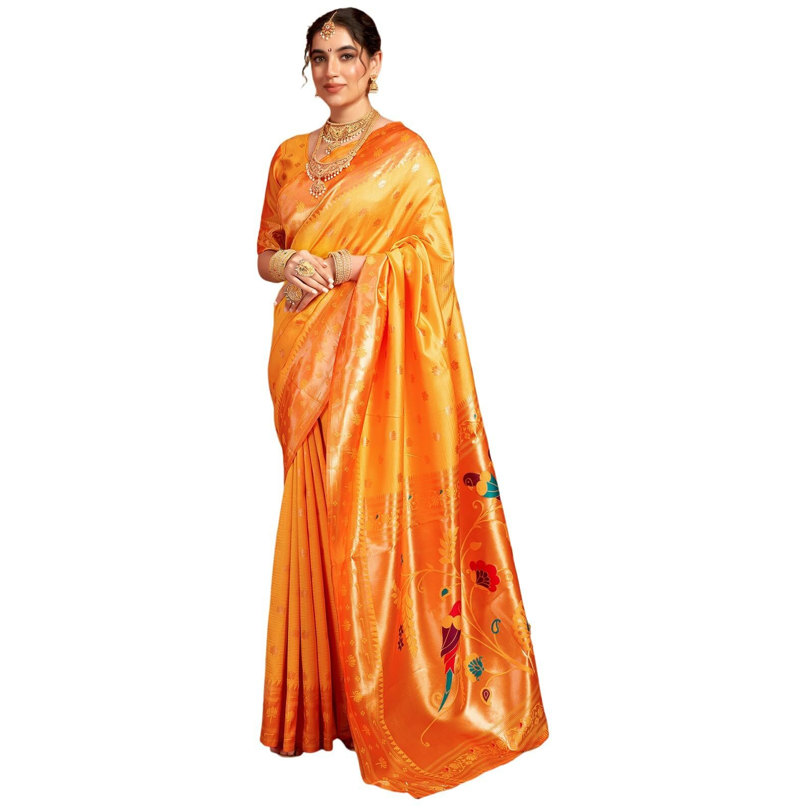 Satrani Women's Silk Paithani Jacquard Weaving Saree With Unstitched Blouse Piece (4046S6302N_Yellow)
