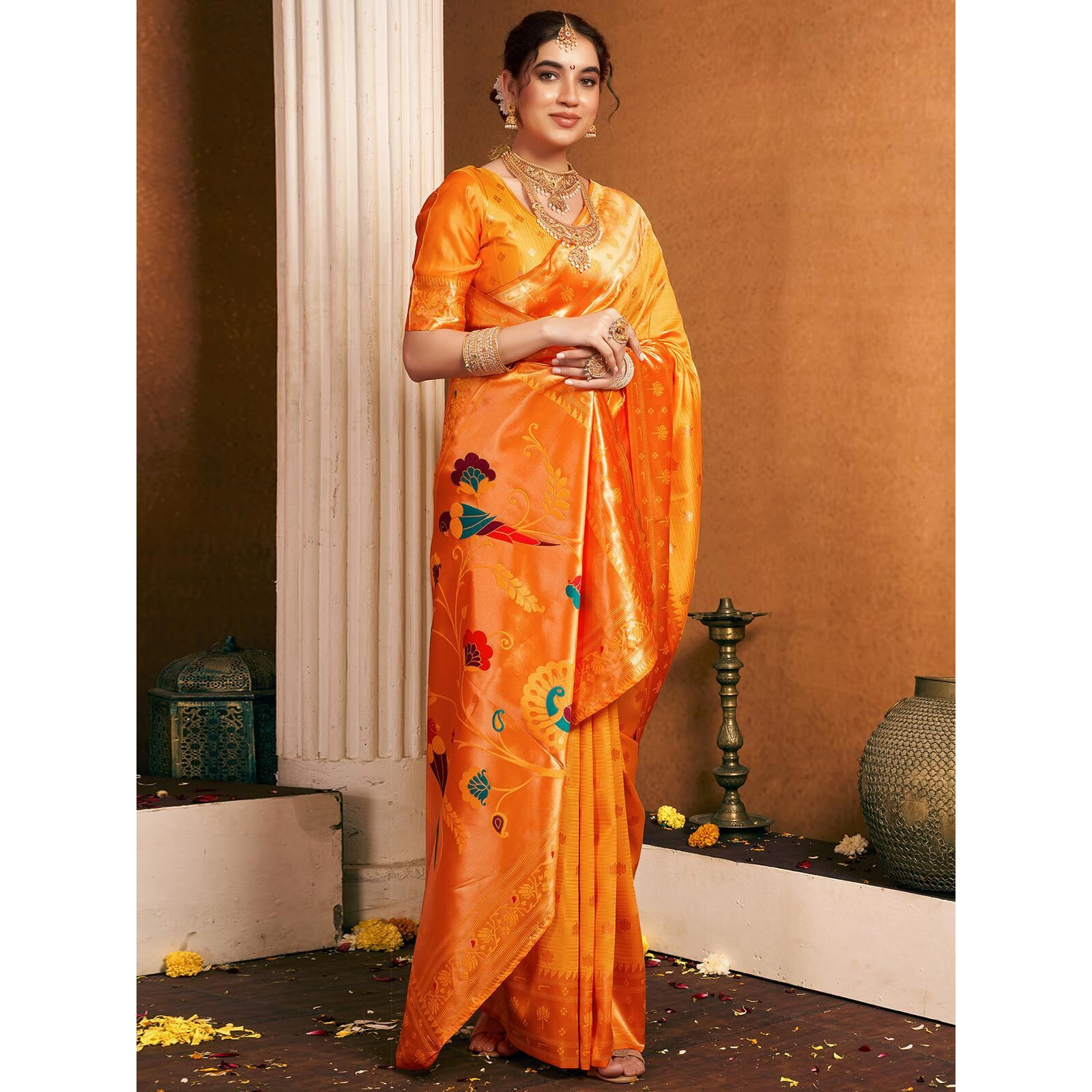 Satrani Women's Silk Paithani Jacquard Weaving Saree With Unstitched Blouse Piece (4046S6302N_Yellow)