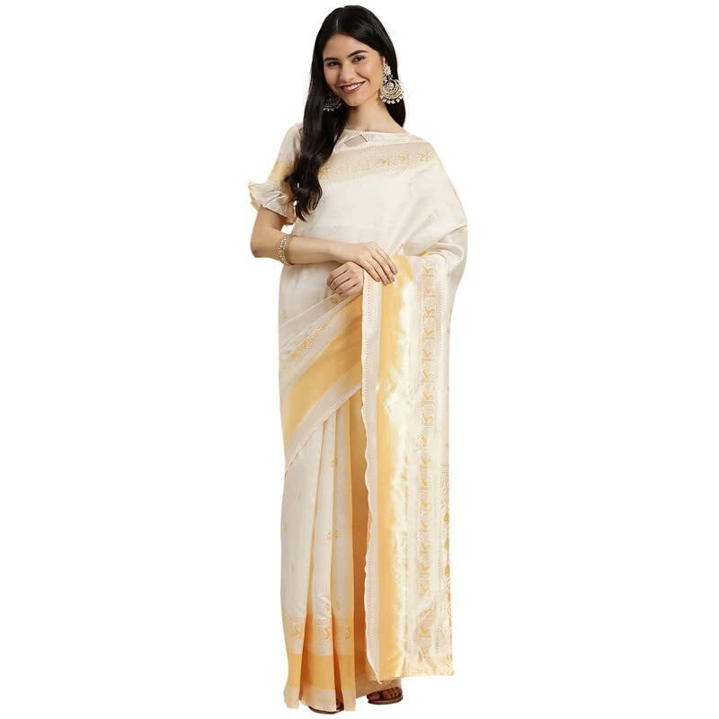 Satrani Women's Poly Silk Jacquard Saree With Unstitched Blouse Piece(2556S4006N_White & Gold)