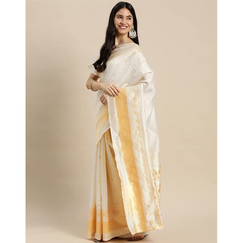 Satrani Women's Poly Silk Jacquard Saree With Unstitched Blouse Piece(2556S4006N_White & Gold)