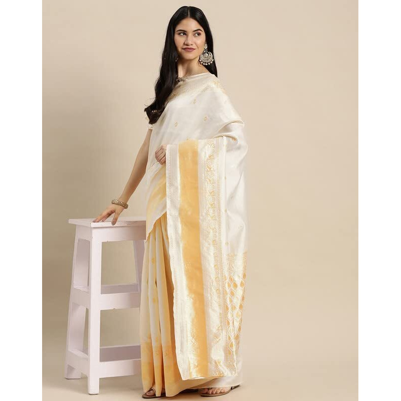 Satrani Women's Poly Silk Jacquard Saree With Unstitched Blouse Piece(2556S4006N_White & Gold)
