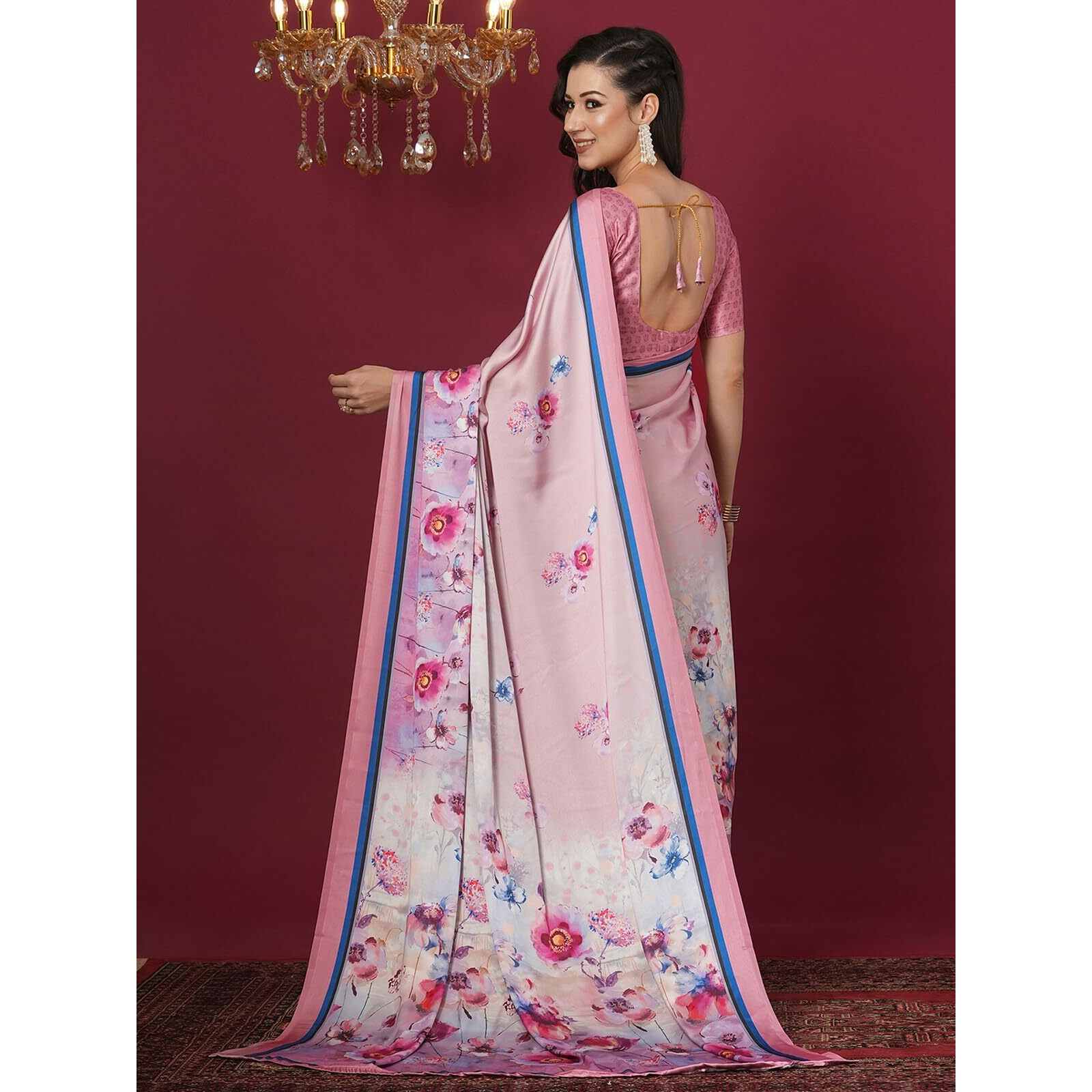 Satrani Women's Satin Floral Printed Saree With Unstitched Blouse Piece (4073S973N_Pastel Pink)