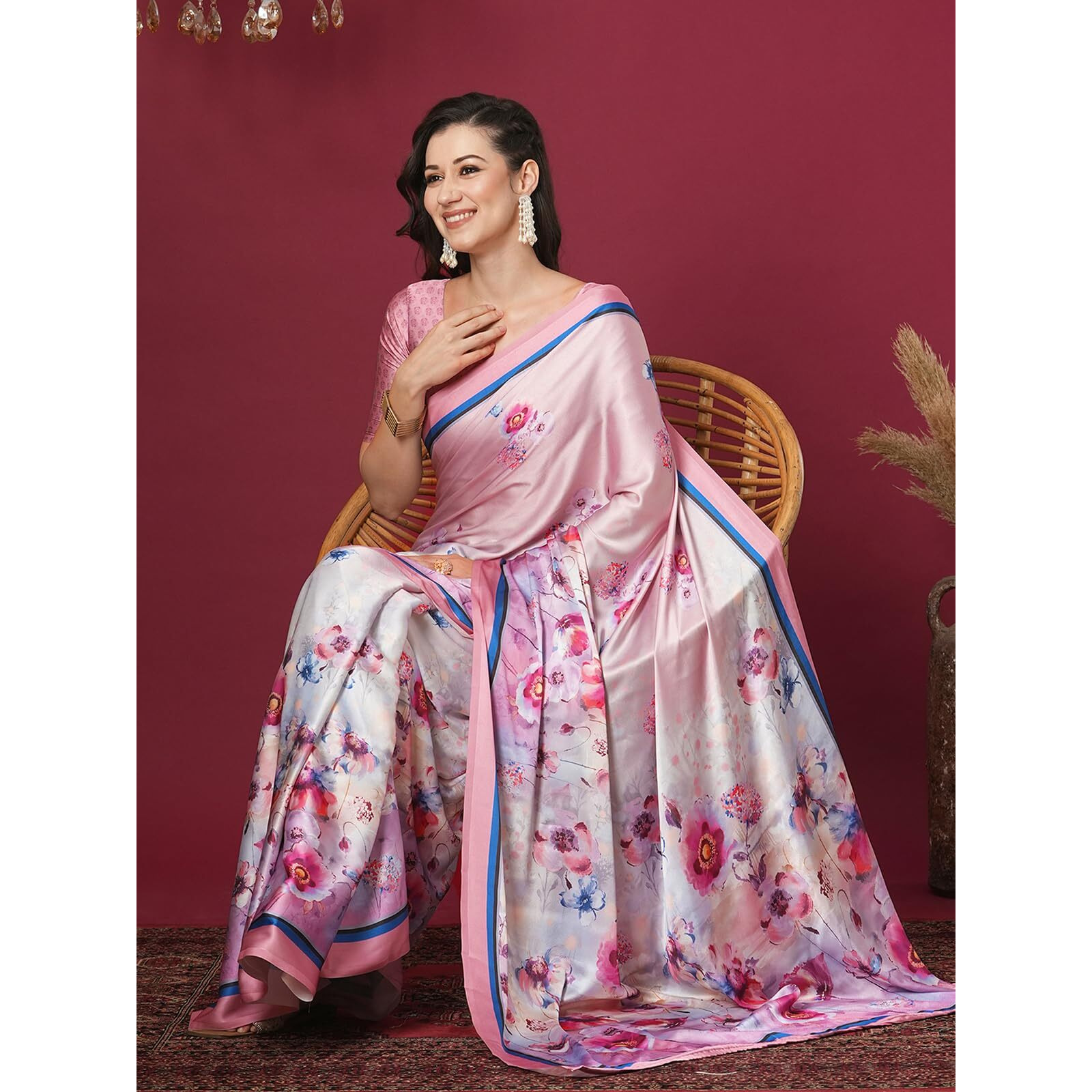 Satrani Women's Satin Floral Printed Saree With Unstitched Blouse Piece (4073S973N_Pastel Pink)