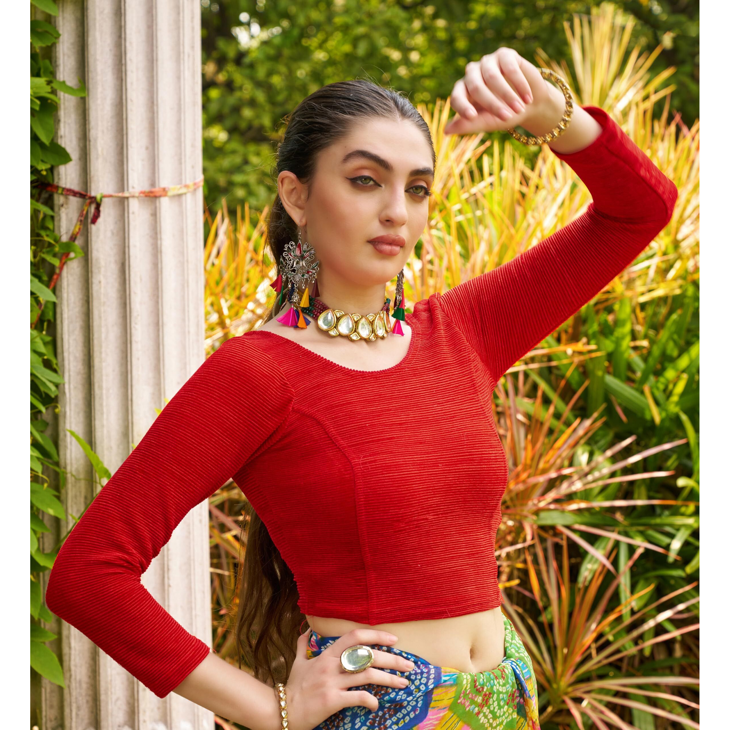 Pujia Mills Blouse Readymade Black Color 3/4 Sleeve Blouses For Women Readymade Stylish Blouse For Women Stretchable Imported Velvet Fabric (Red, Xl)