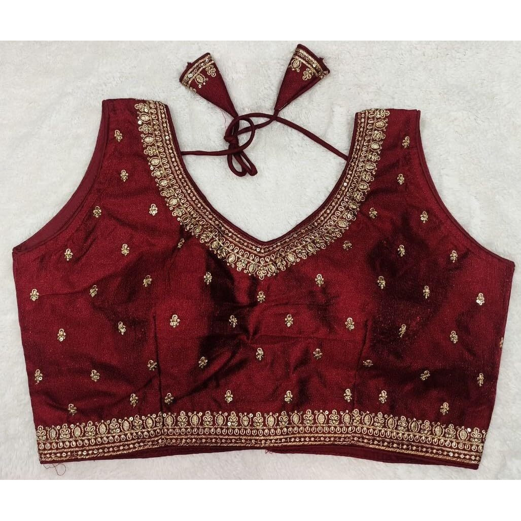 Pujia Mills Women's Indian Ethnic Wear Designer Golden Zari Embroidery With Sequence Work V Neck Sleeveless Readymade Worked Saree Blouse Readymade Maroon Color Blouse For Lehenga Choli