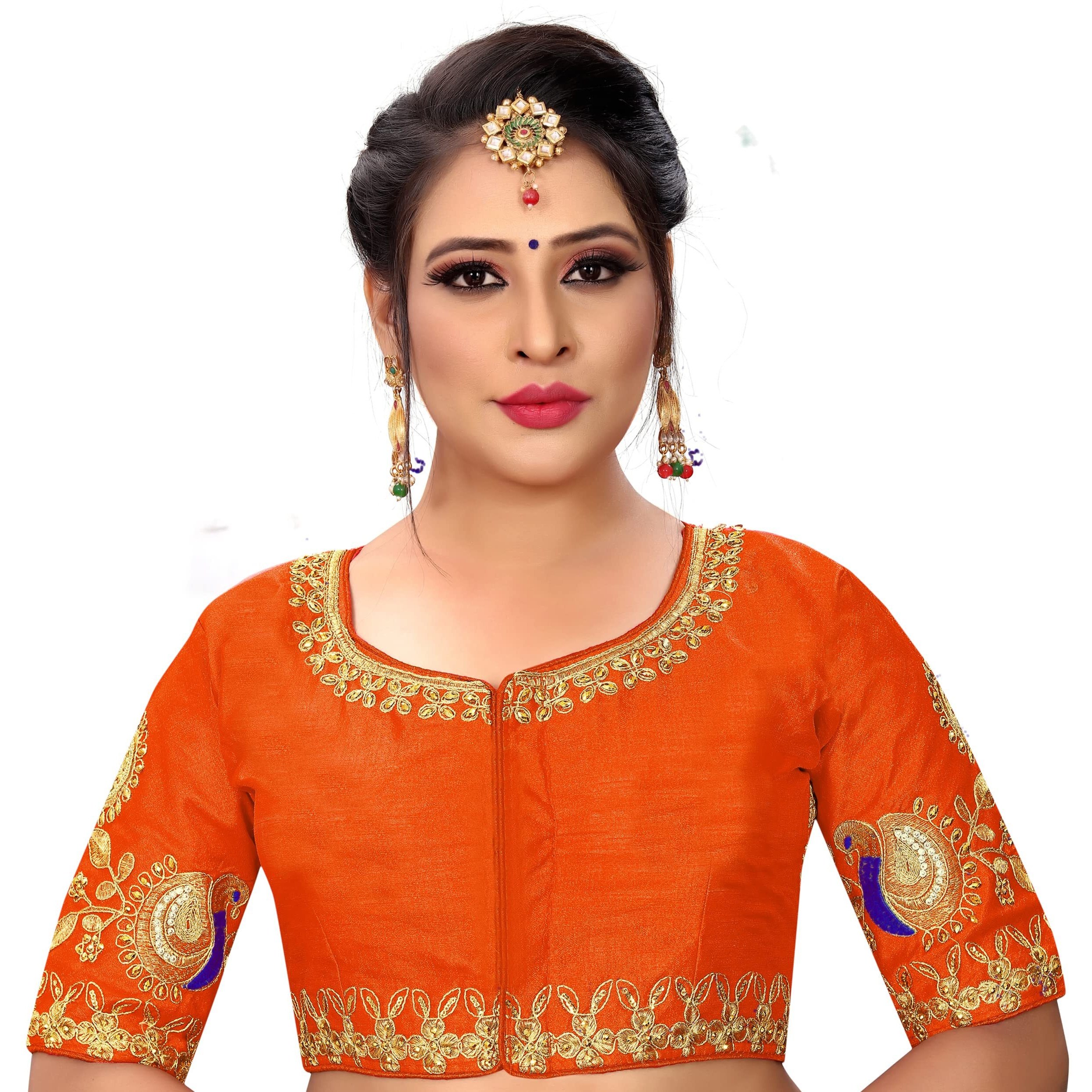Pujia Mills Women's Phantom Silk Elephant Half Sleeve Saree Blouse (Dumbo_Orange_36 Size+Margin)