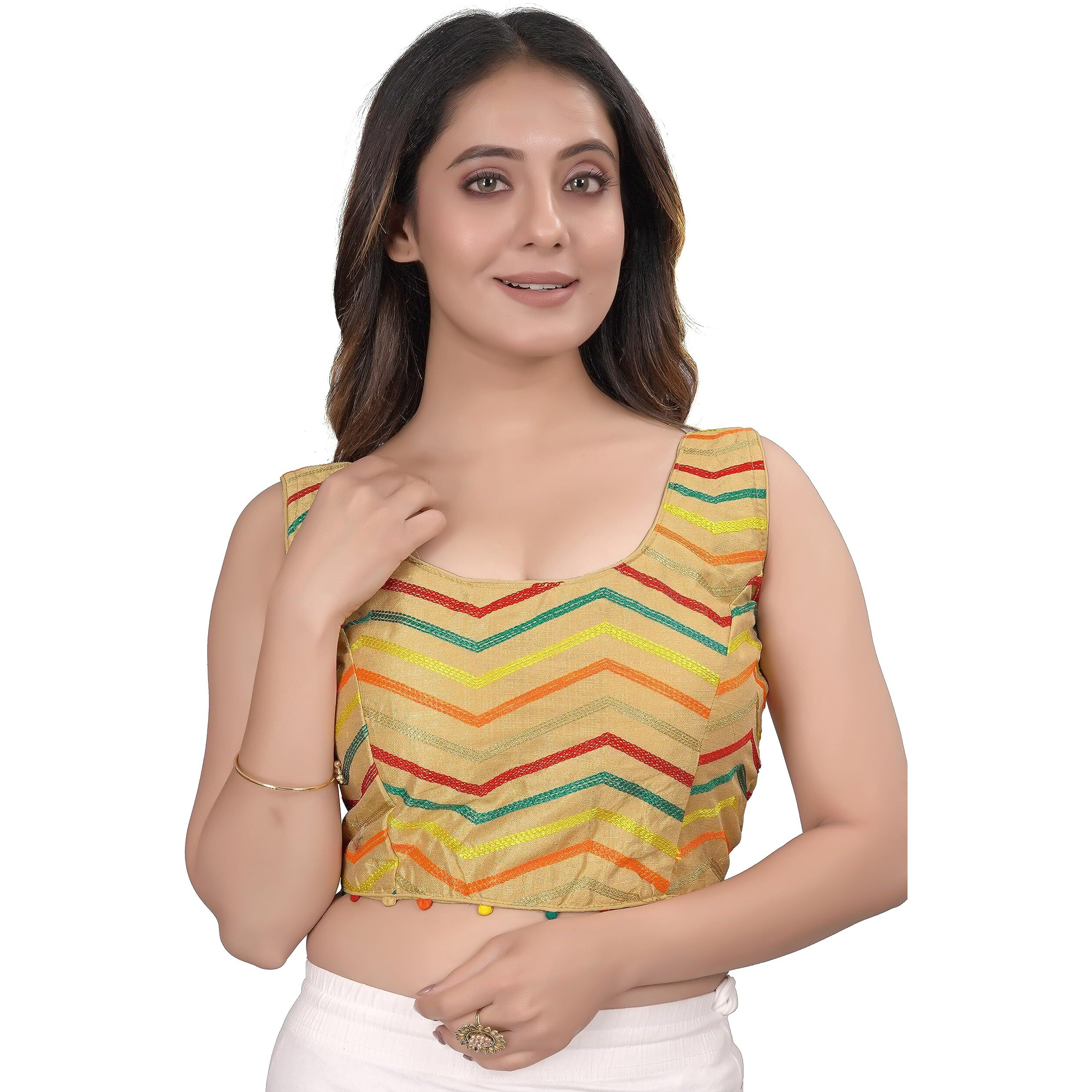 Pujia Mills Womens Readymade Fancy Sleeveless Embroidered Saree Blouse.(Satarangi Gold_38)