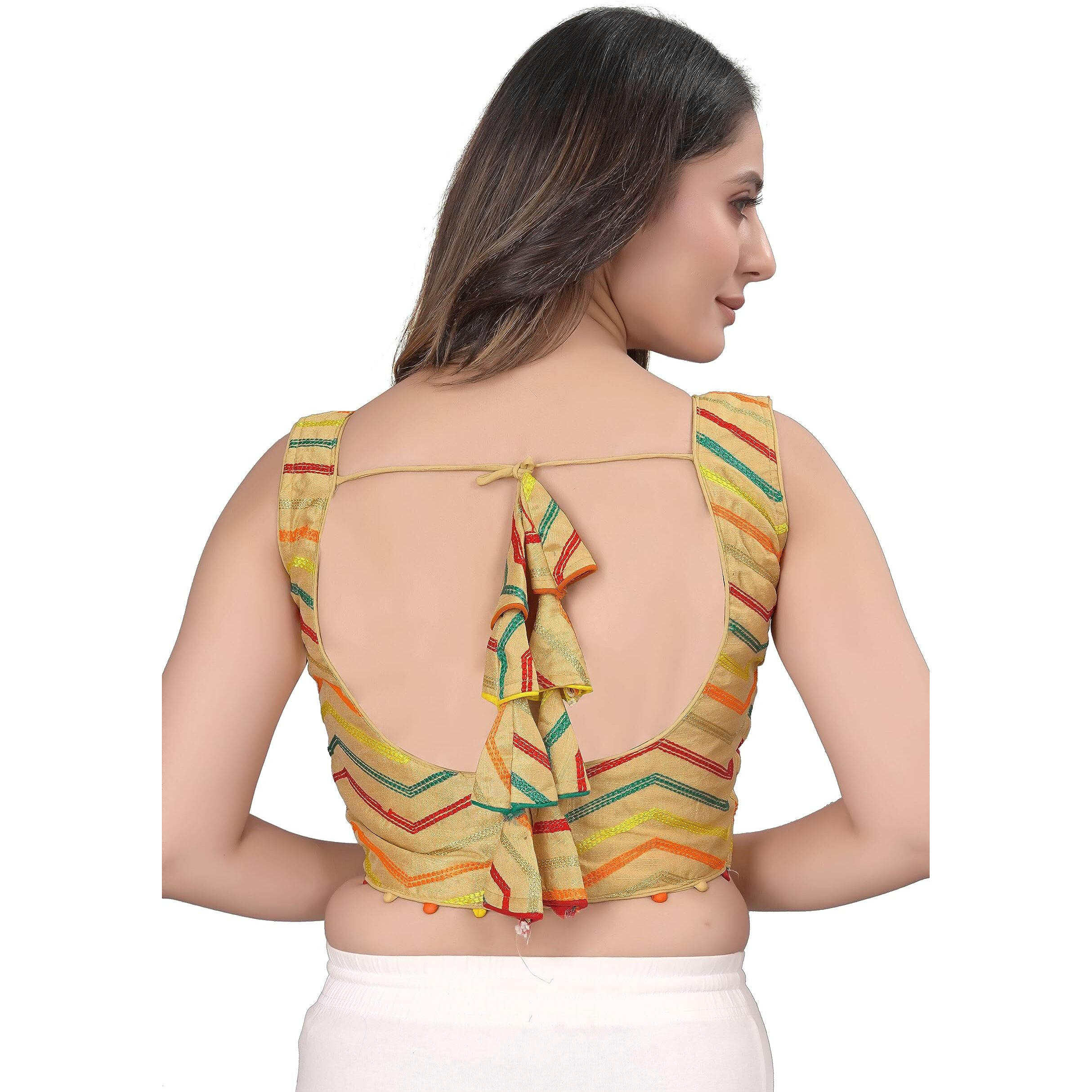 Pujia Mills Womens Readymade Fancy Sleeveless Embroidered Saree Blouse.(Satarangi Gold_38)
