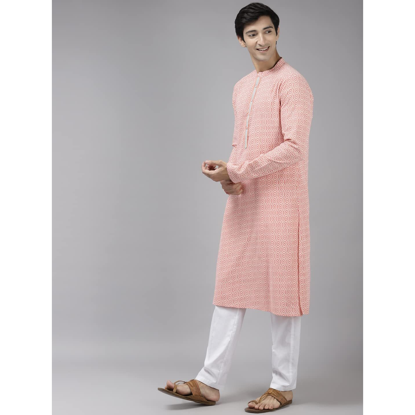 See Designs Men Peach-Coloured & White Printed Pure Cotton Straight Kurta_Sdkt1037M
