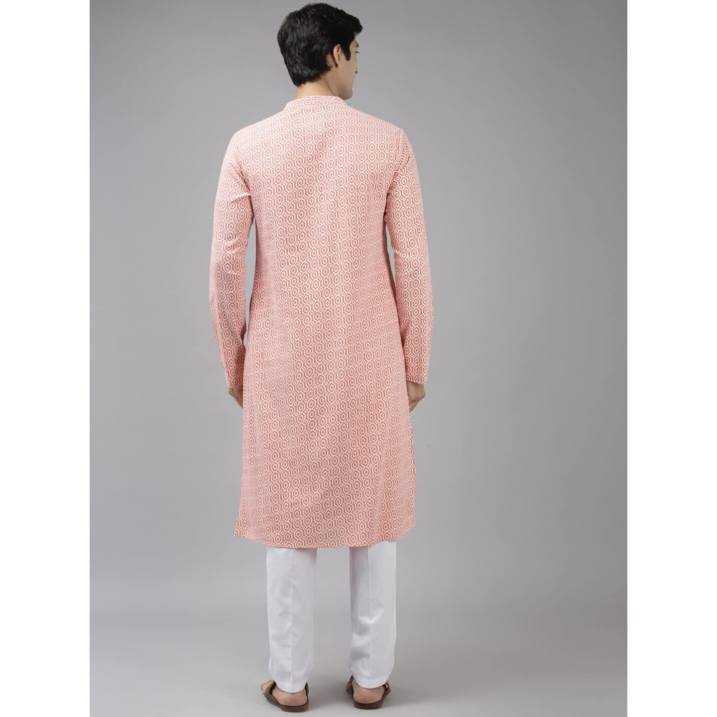 See Designs Men Peach-Coloured & White Printed Pure Cotton Straight Kurta_Sdkt1037M