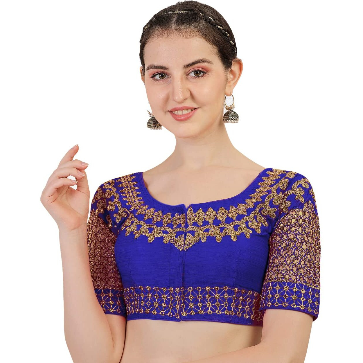 Pujia Mills Women's Embroidery Handwork, Cut Work Diamond Work Readymade Blouse (Royal)