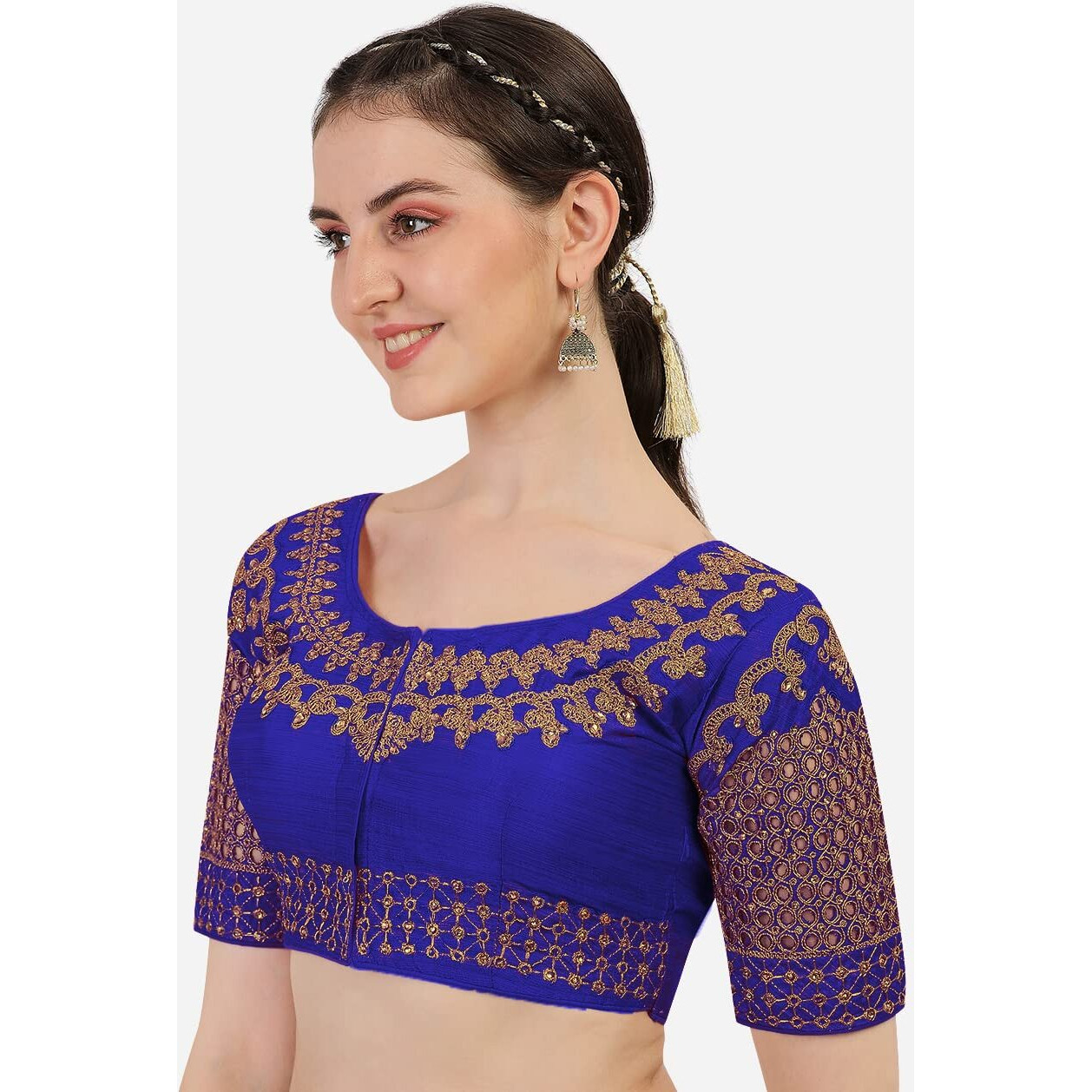 Pujia Mills Women's Embroidery Handwork, Cut Work Diamond Work Readymade Blouse (Royal)