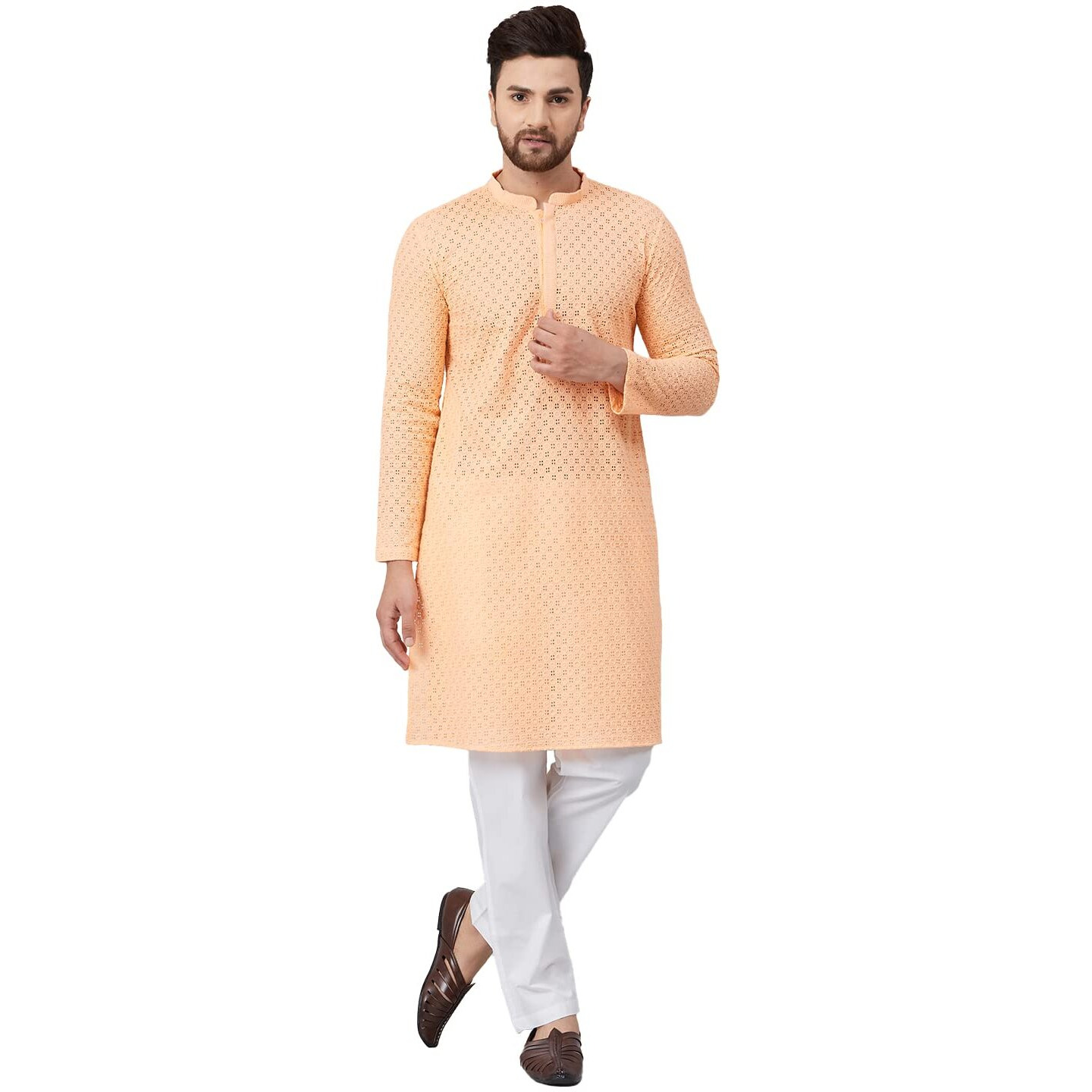 See Designs Mens Kurta - Specially Crafted And Designed For The Eid Festival Men Peach Chikankari Embroidered Woven Design Straight Kurta With Pyjama - Sdkt89601Xxl
