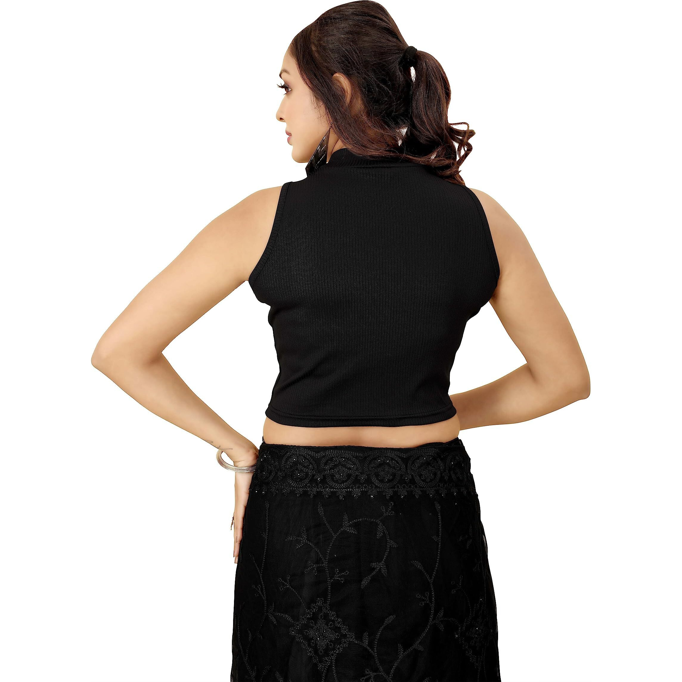 Shasmi Women's & Girls' Solid Ribbed Round Neck Collarless Sleeveless Slim Fit Simplicity Blouse For Women (Blouse 37 Black S)