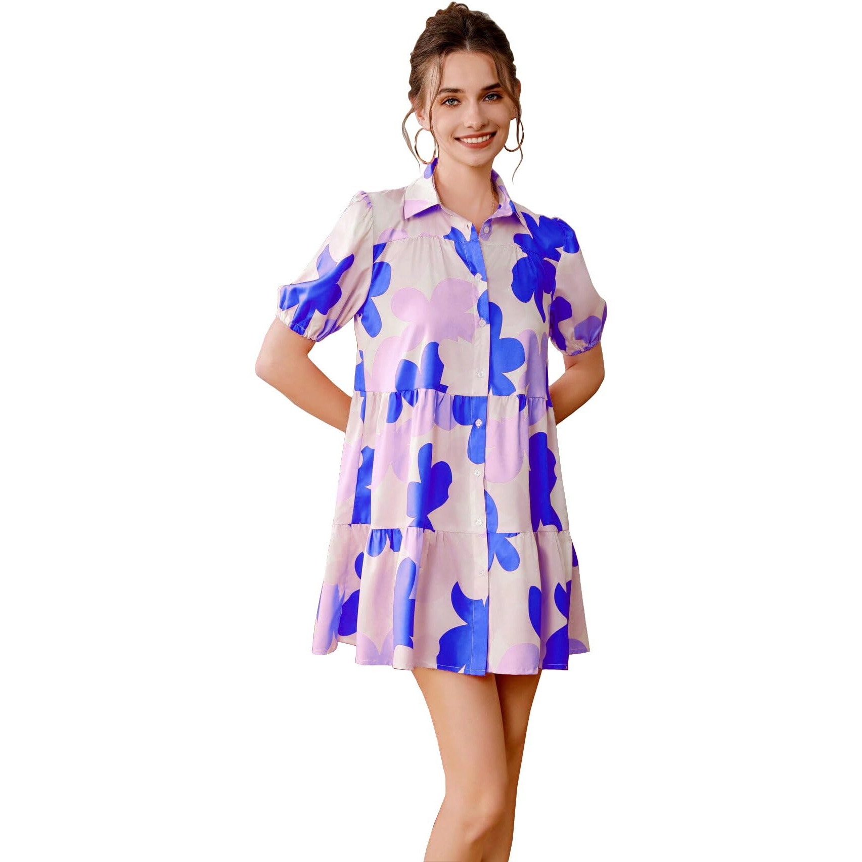 Shasmi Women's Blue Flower Print Short Sleeve Button Front All-Over Printed Dresses, Ruffle Hem Smock Dress For Woman (161 Dress Blue-2Xl)