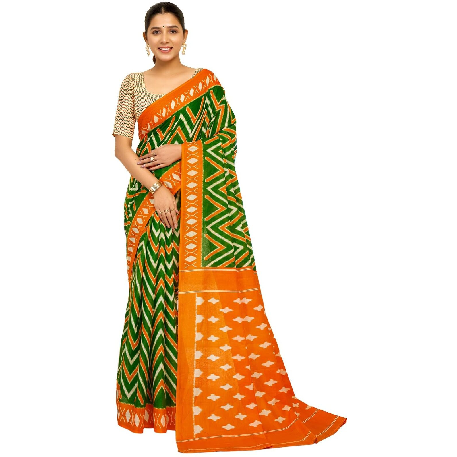 Satrani Women's Cotton Printed Republic Day Special Tiranga Saree With Unstitched Blouse Piece (4118S403N_Green & Orange & White)