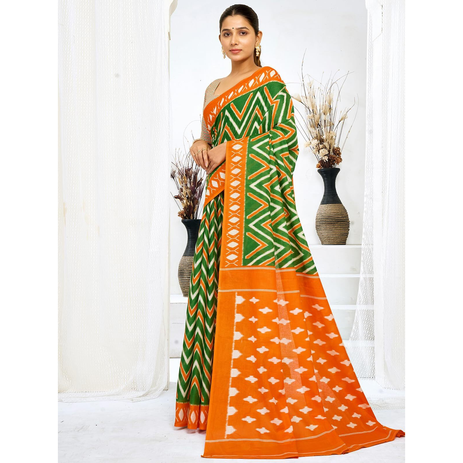 Satrani Women's Cotton Printed Republic Day Special Tiranga Saree With Unstitched Blouse Piece (4118S403N_Green & Orange & White)