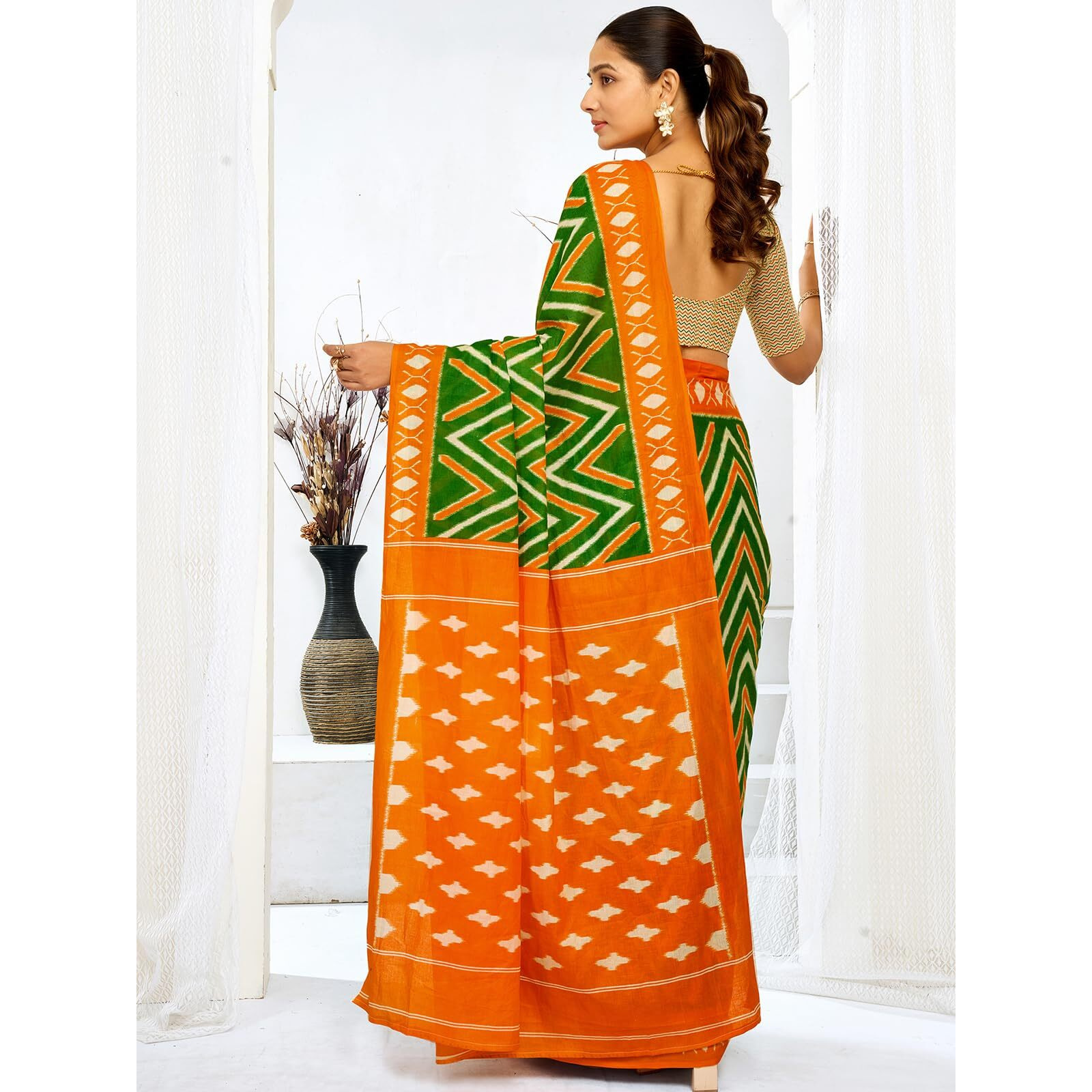 Satrani Women's Cotton Printed Republic Day Special Tiranga Saree With Unstitched Blouse Piece (4118S403N_Green & Orange & White)