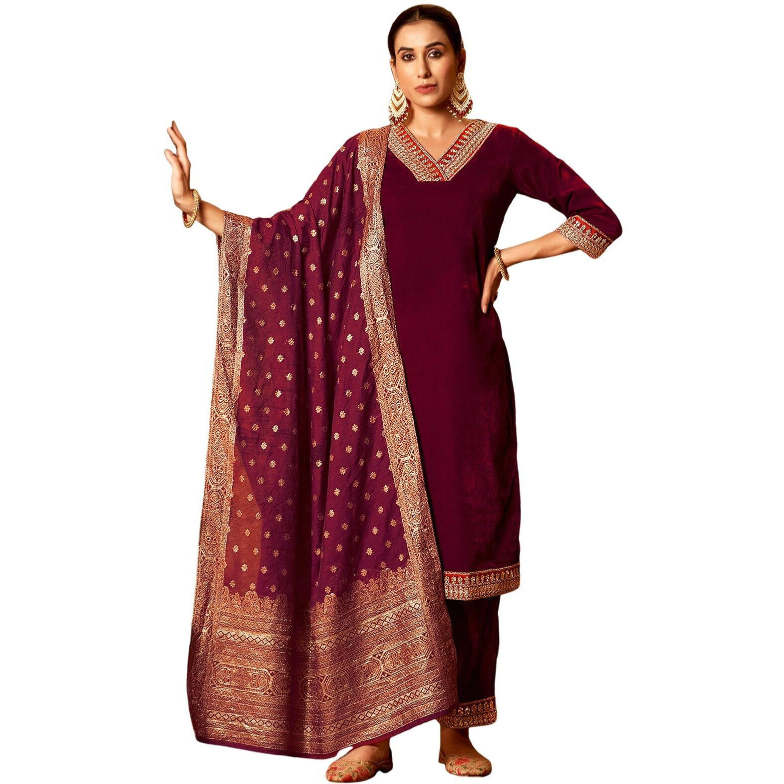 Sanisa Women's Velvet Sequins Embroidery Straight Kurta With Pant And Dupatta Set (219Kbd2321N-S_Maroon)