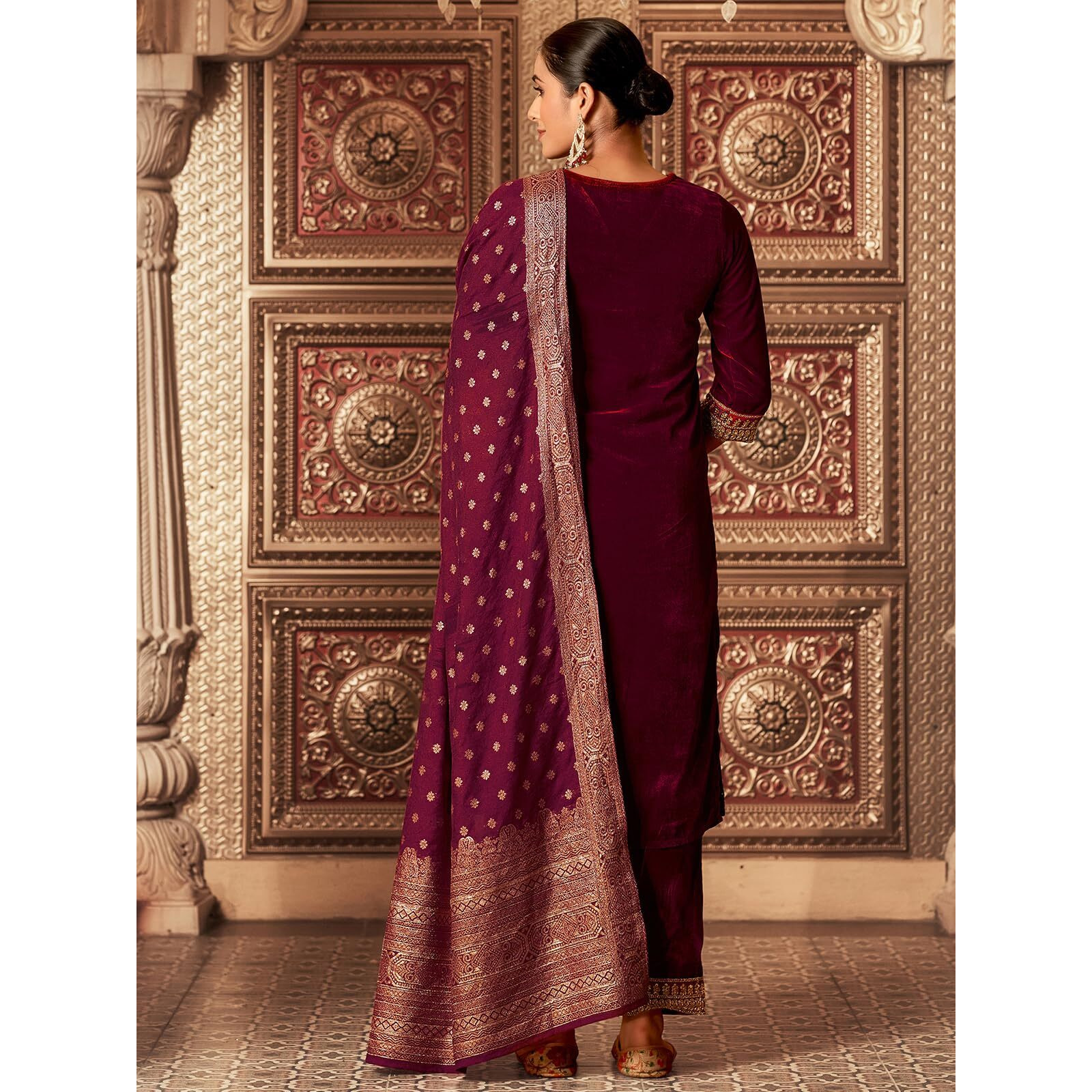 Sanisa Women's Velvet Sequins Embroidery Straight Kurta With Pant And Dupatta Set (219Kbd2321N-S_Maroon)