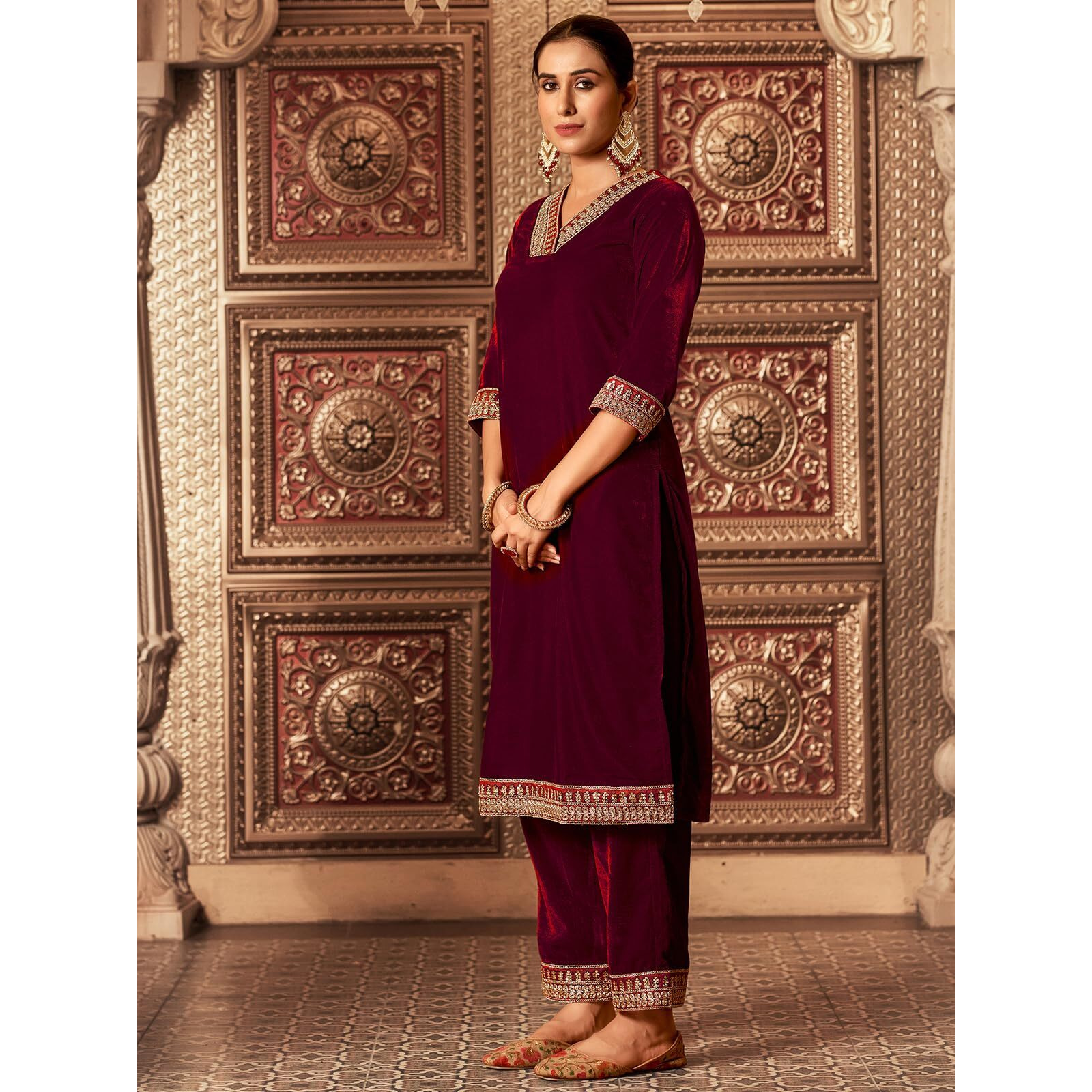 Sanisa Women's Velvet Sequins Embroidery Straight Kurta With Pant And Dupatta Set (219Kbd2321N-S_Maroon)