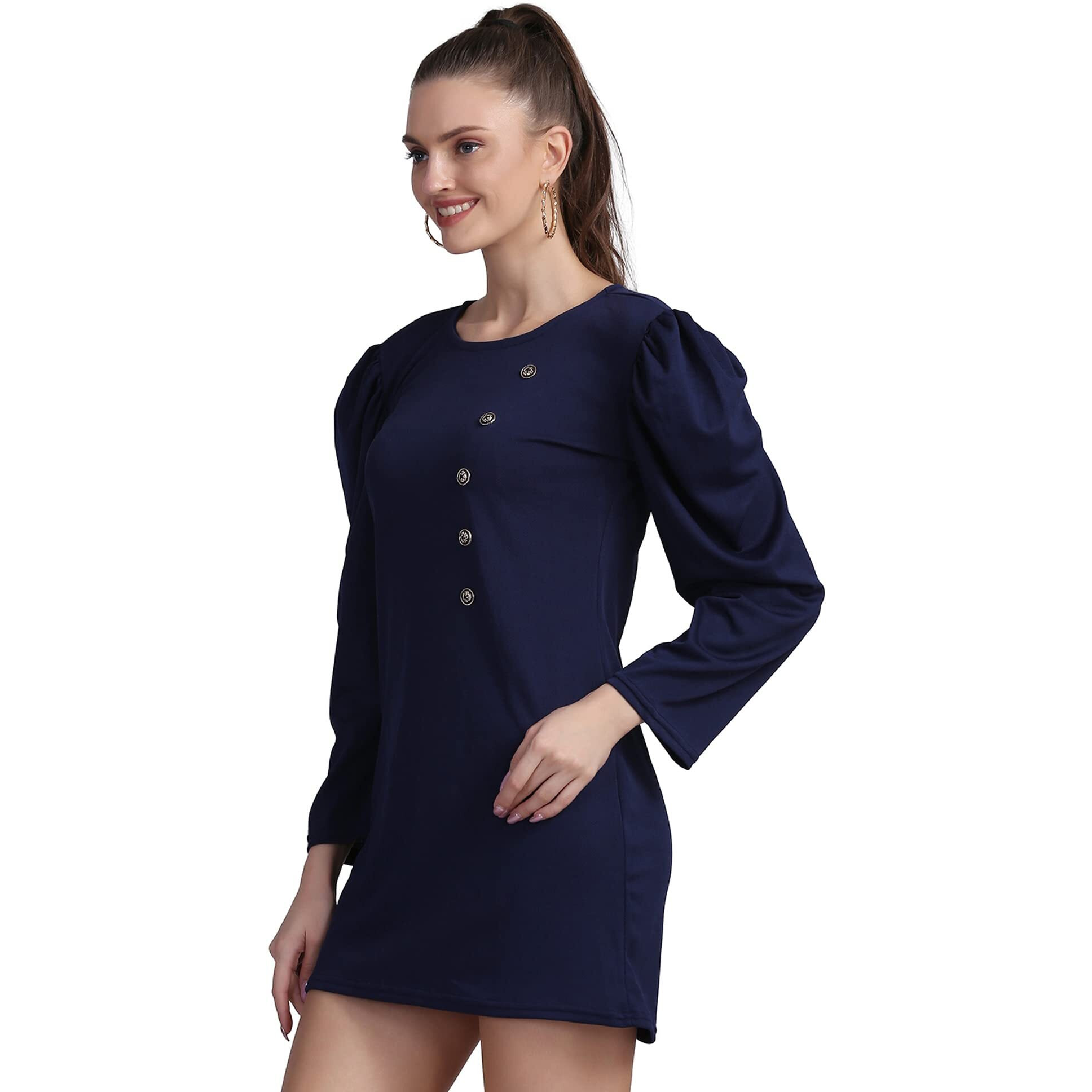 Shasmi Women's Comfortable Navy Blue Round Neck Full Sleeve Solid Midi Bodycon Casual Western Stylish Dress For Womens/Midi Dress For Girls (Shree Midi 13 Navy Blue M)