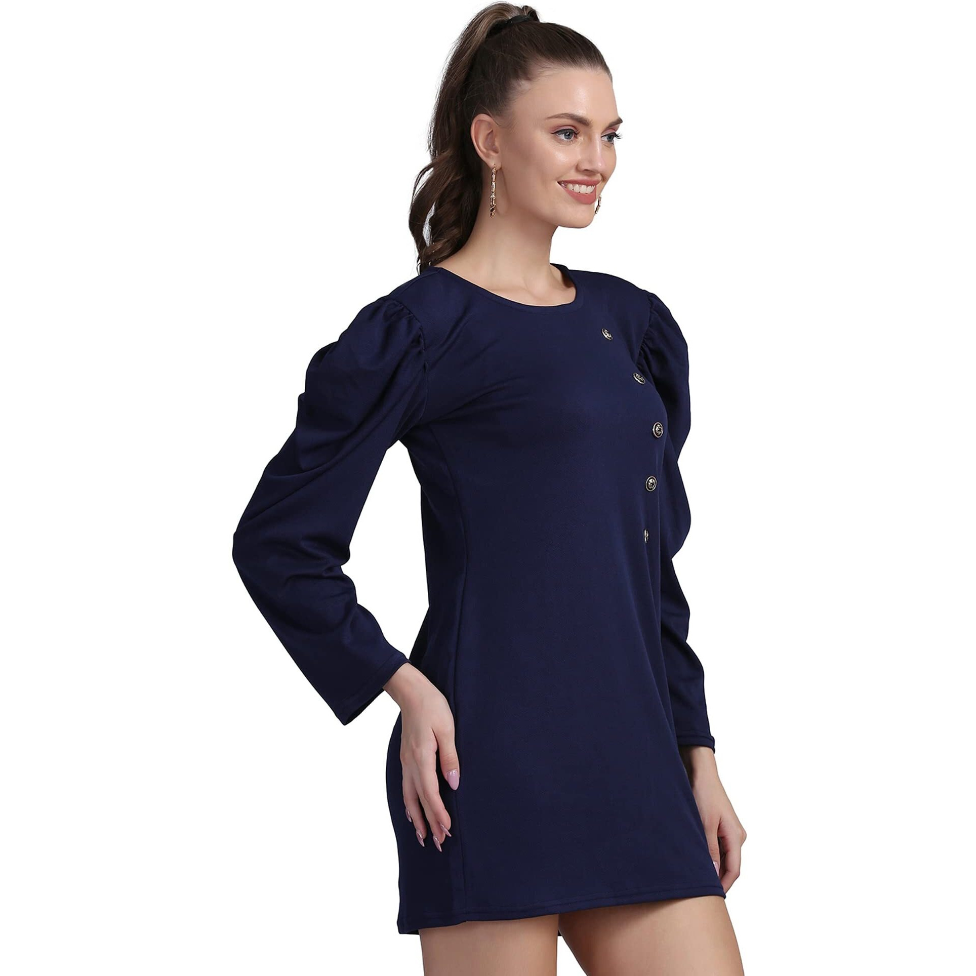Shasmi Women's Comfortable Navy Blue Round Neck Full Sleeve Solid Midi Bodycon Casual Western Stylish Dress For Womens/Midi Dress For Girls (Shree Midi 13 Navy Blue M)