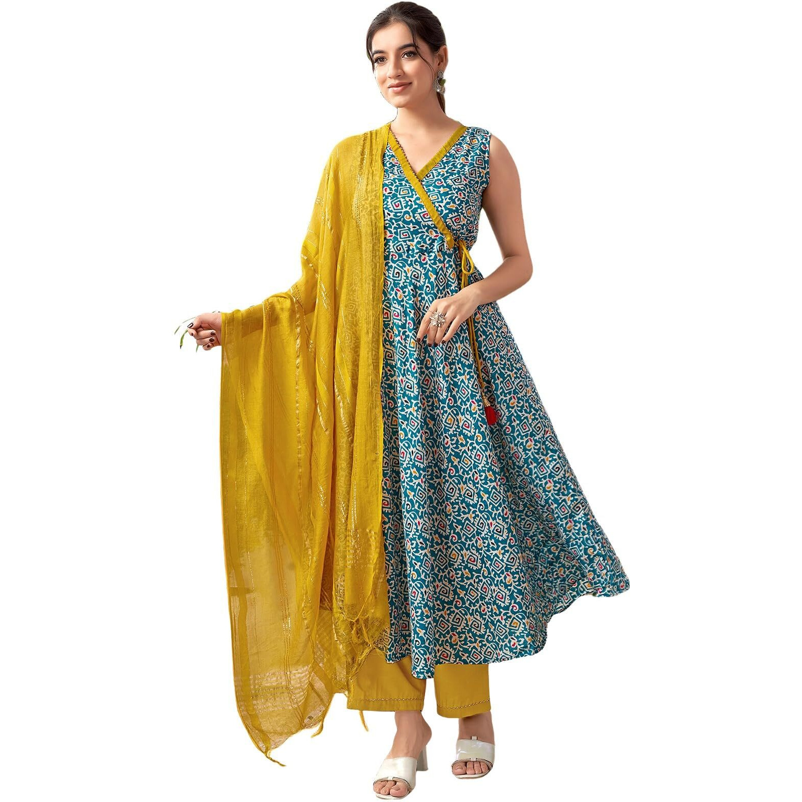 Sanisa Women's Cotton Blend Floral & Foil Printed Anarkali Kurta With Pant And Dupatta Set (67Kbd766N-Xl_Teal Blue & White & Multi)