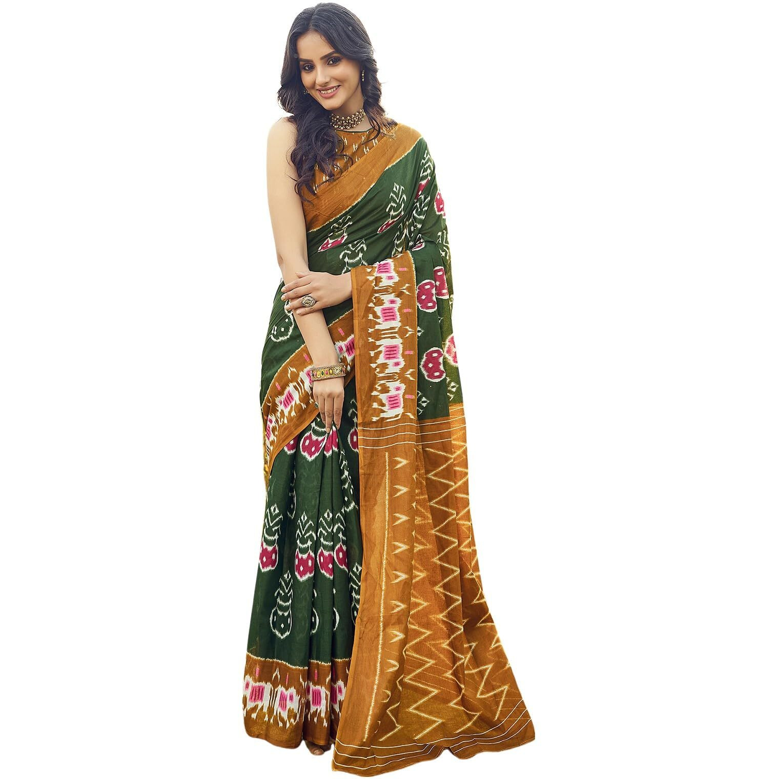Satrani Women's Cotton Printed Ready To Wear Saree With Unstitched Blouse Piece (8Rs115N_Dark Green & Mustard4)