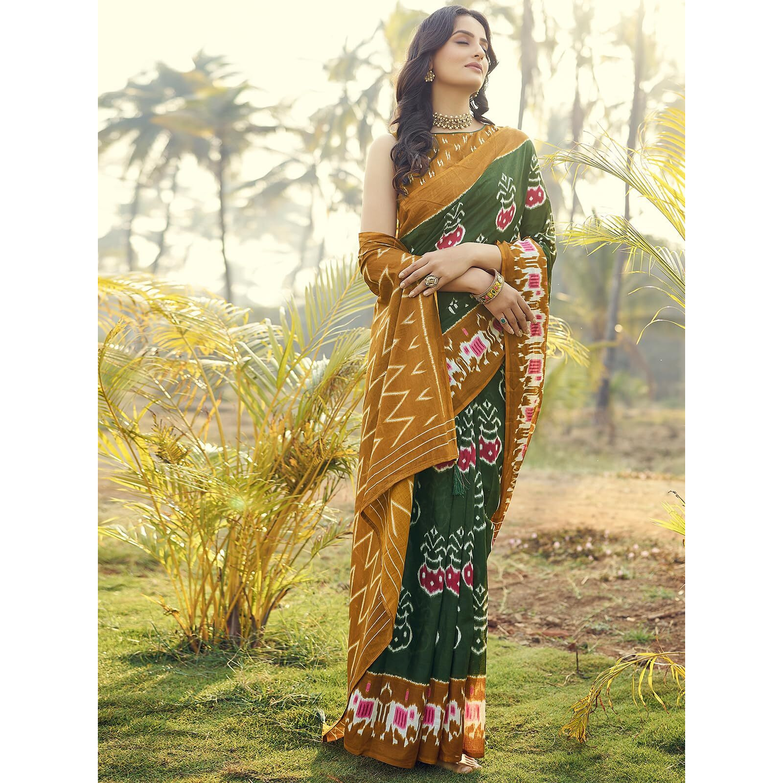 Satrani Women's Cotton Printed Ready To Wear Saree With Unstitched Blouse Piece (8Rs115N_Dark Green & Mustard4)