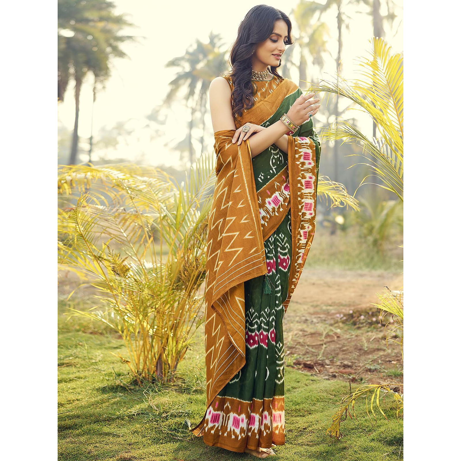 Satrani Women's Cotton Printed Ready To Wear Saree With Unstitched Blouse Piece (8Rs115N_Dark Green & Mustard4)
