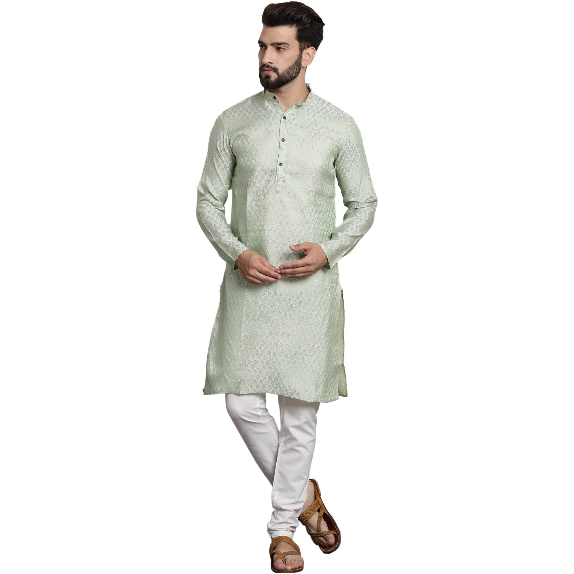 Sojanya (Since 1958 Men's Silk Blend Pista Green Self Design Kurta And White Churidar Pyjama Set
