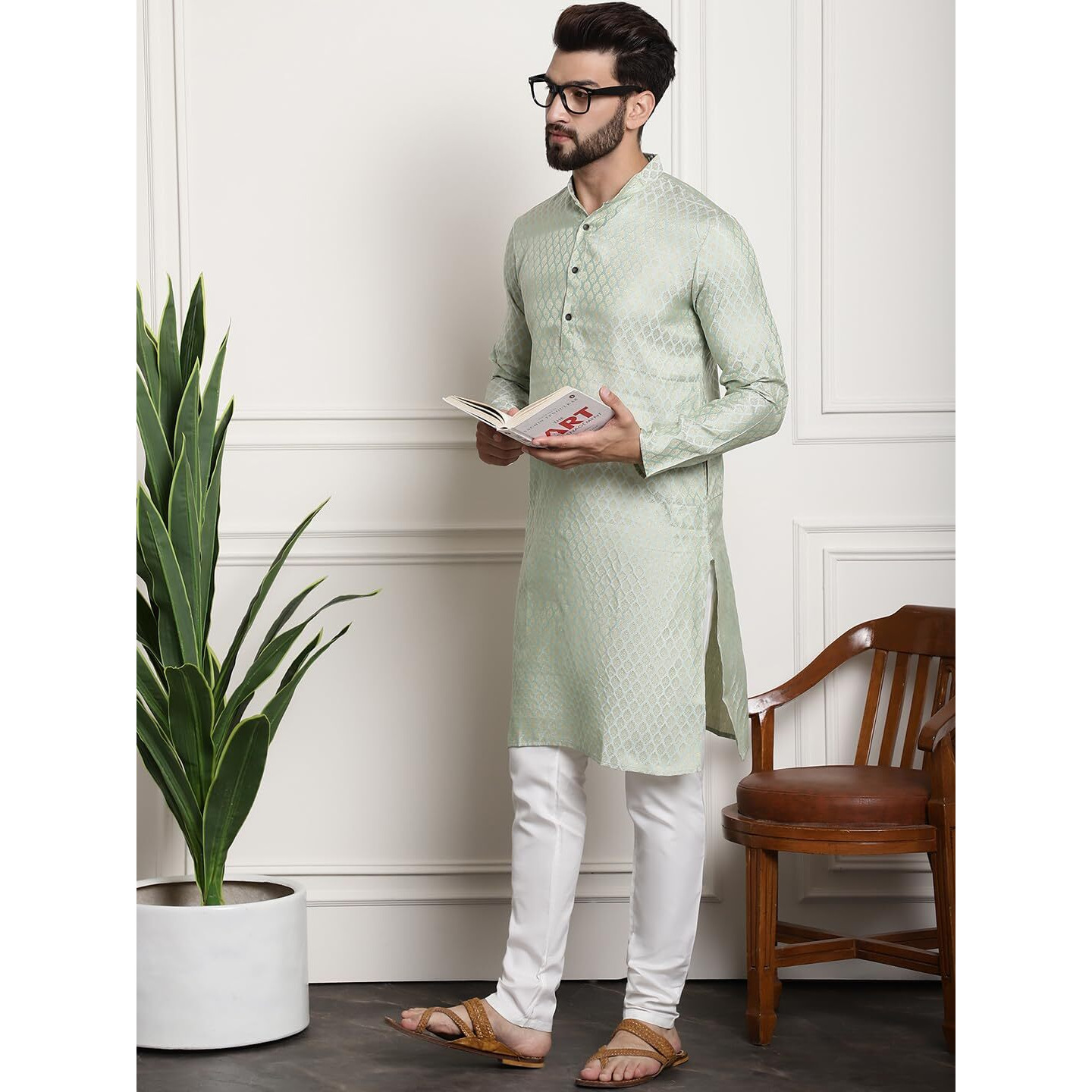 Sojanya (Since 1958 Men's Silk Blend Pista Green Self Design Kurta And White Churidar Pyjama Set
