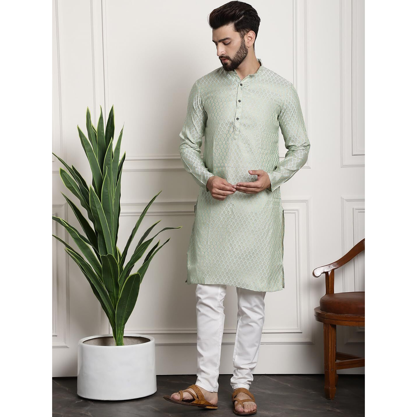Sojanya (Since 1958 Men's Silk Blend Pista Green Self Design Kurta And White Churidar Pyjama Set