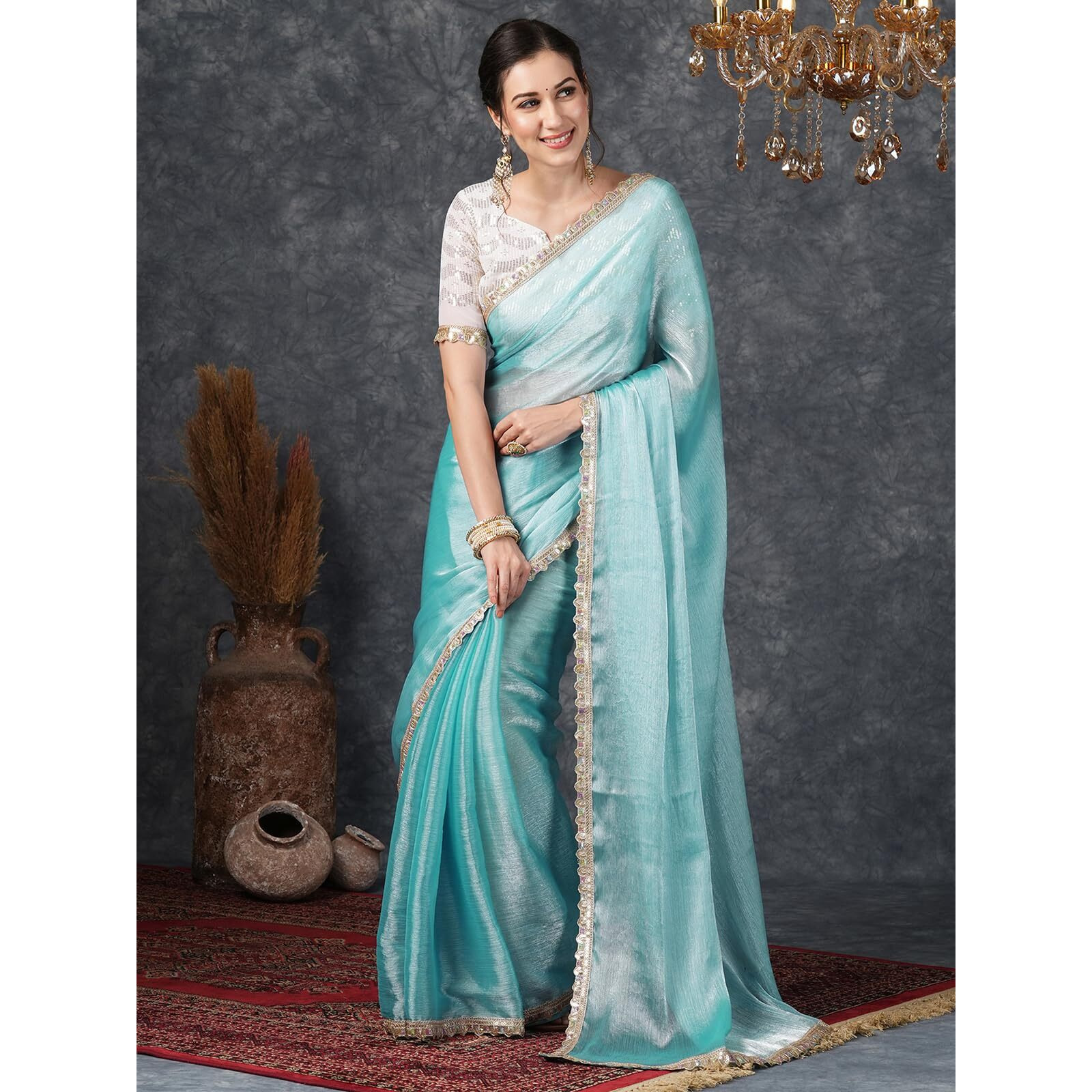 Satrani Women's Shimmer Chiffon Dual Tone Lace Work Jimmy Choo Saree With Unstitched Blouse Piece (3799S281N_Sky Blue)