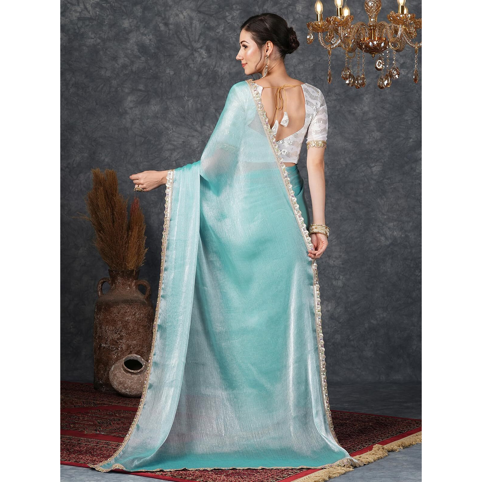 Satrani Women's Shimmer Chiffon Dual Tone Lace Work Jimmy Choo Saree With Unstitched Blouse Piece (3799S281N_Sky Blue)
