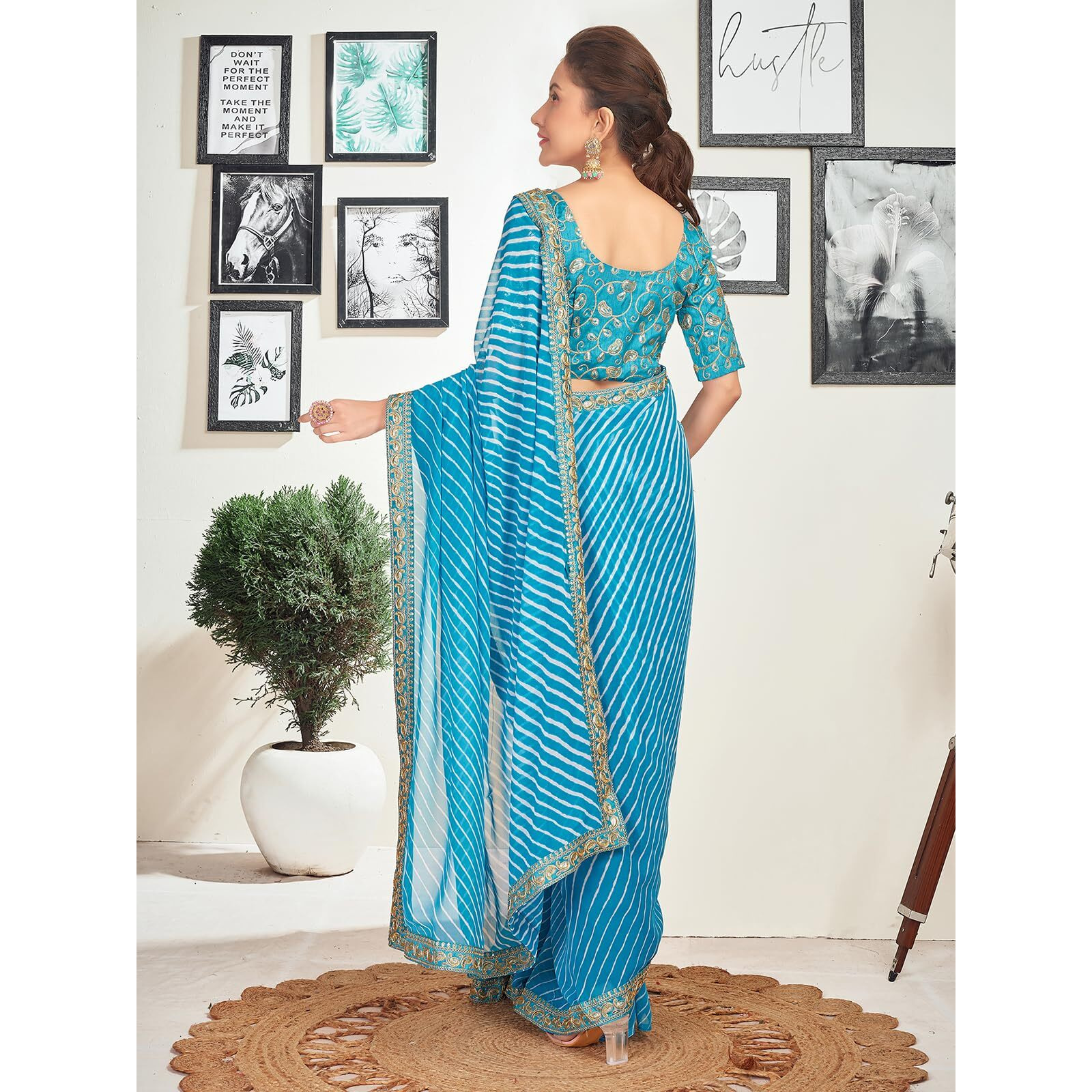 Satrani Women's Georgette Leheriya Printed Sequence Embroidery Lace Saree With Unstitched Blouse Piece (3667S2551N_Blue)