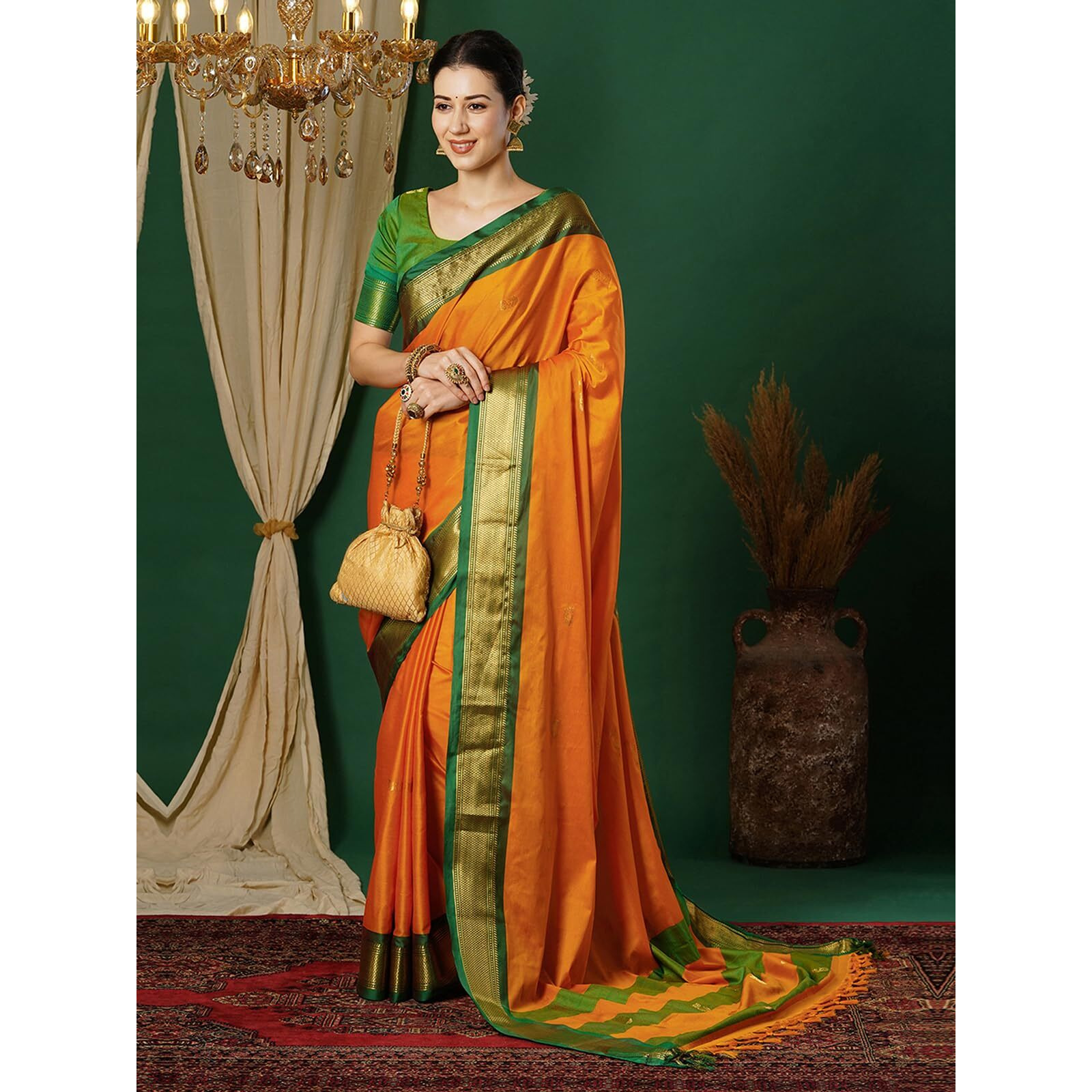 Satrani Women's Banarasi Jacquard Kanjivaram Silk Saree With Unstitched Blouse Piece (3743S104N_Turmeric Yellow & Green)