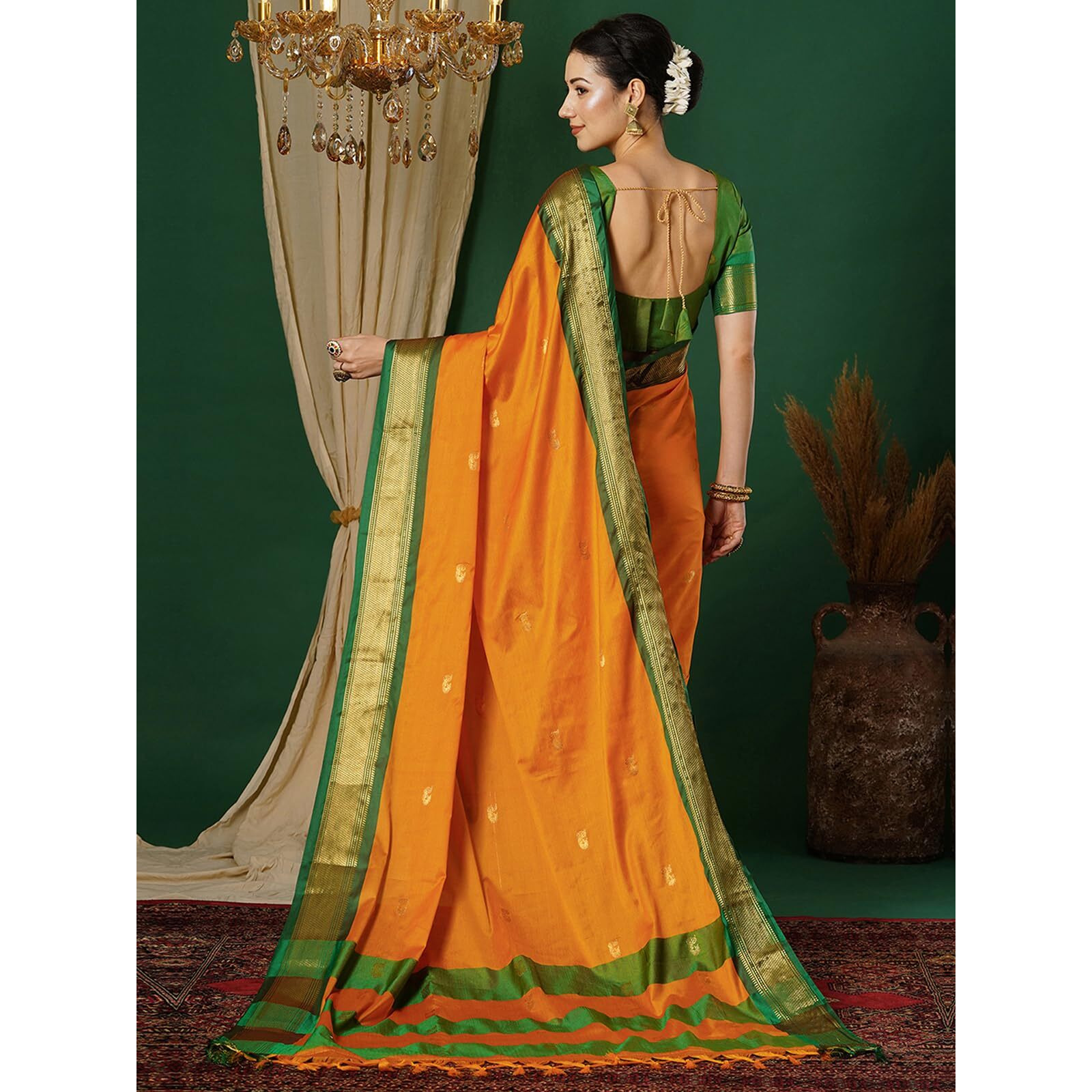 Satrani Women's Banarasi Jacquard Kanjivaram Silk Saree With Unstitched Blouse Piece (3743S104N_Turmeric Yellow & Green)