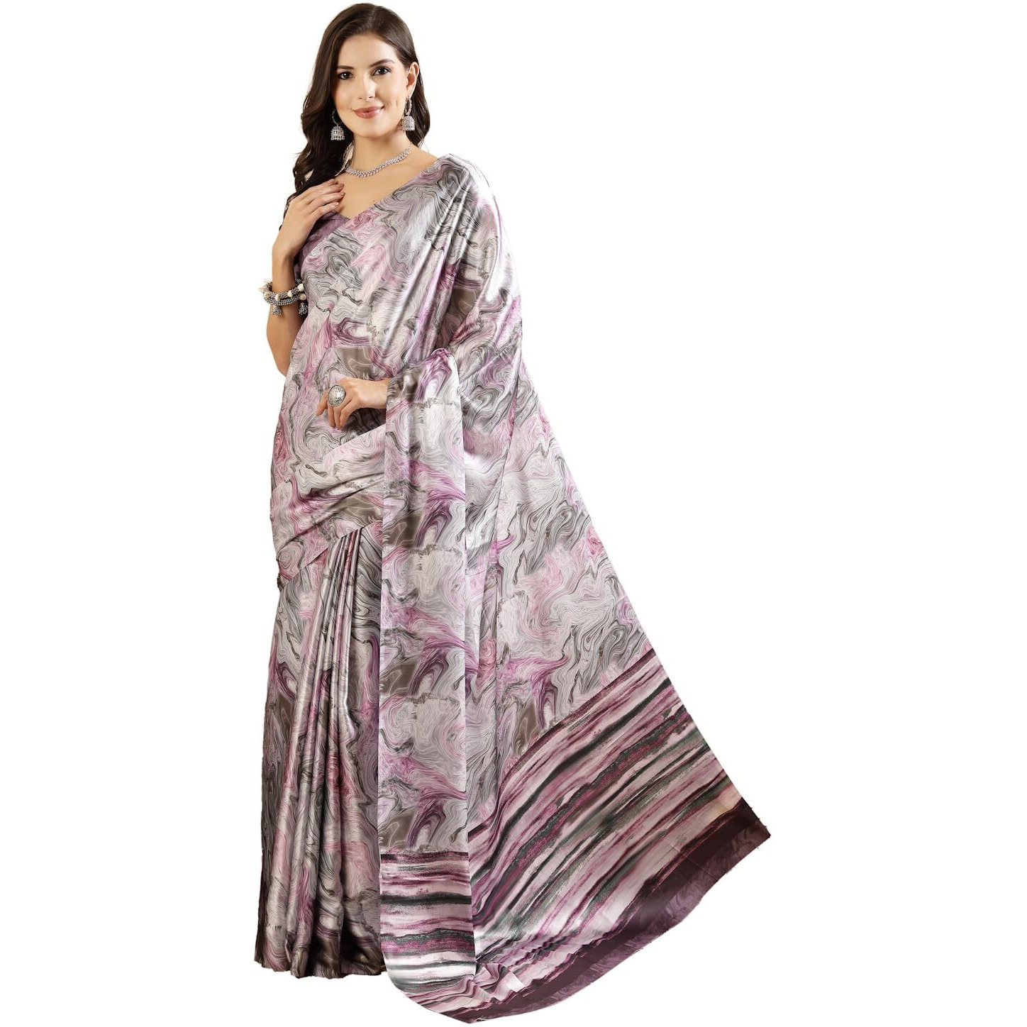 Stylum Women's Marble Print Satin Saree (Srmarblepurple_Purple)