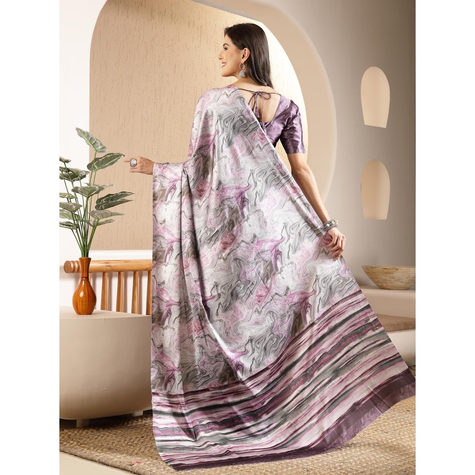Stylum Women's Marble Print Satin Saree (Srmarblepurple_Purple)